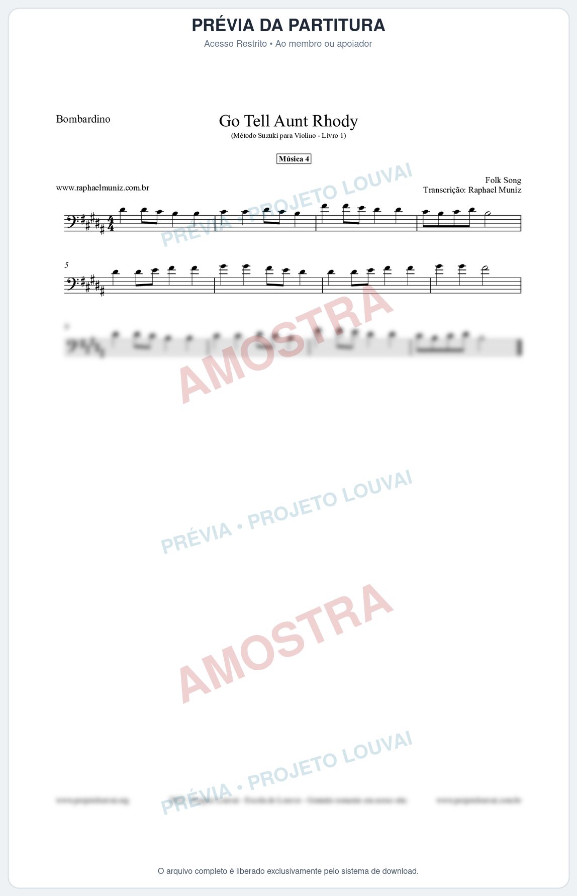 Prévia protegida da primeira página da partitura Partitura para Bombardino - Go Tell Aunt Rhody - Música 4 - Método Suzuki para Violino Vol.1
