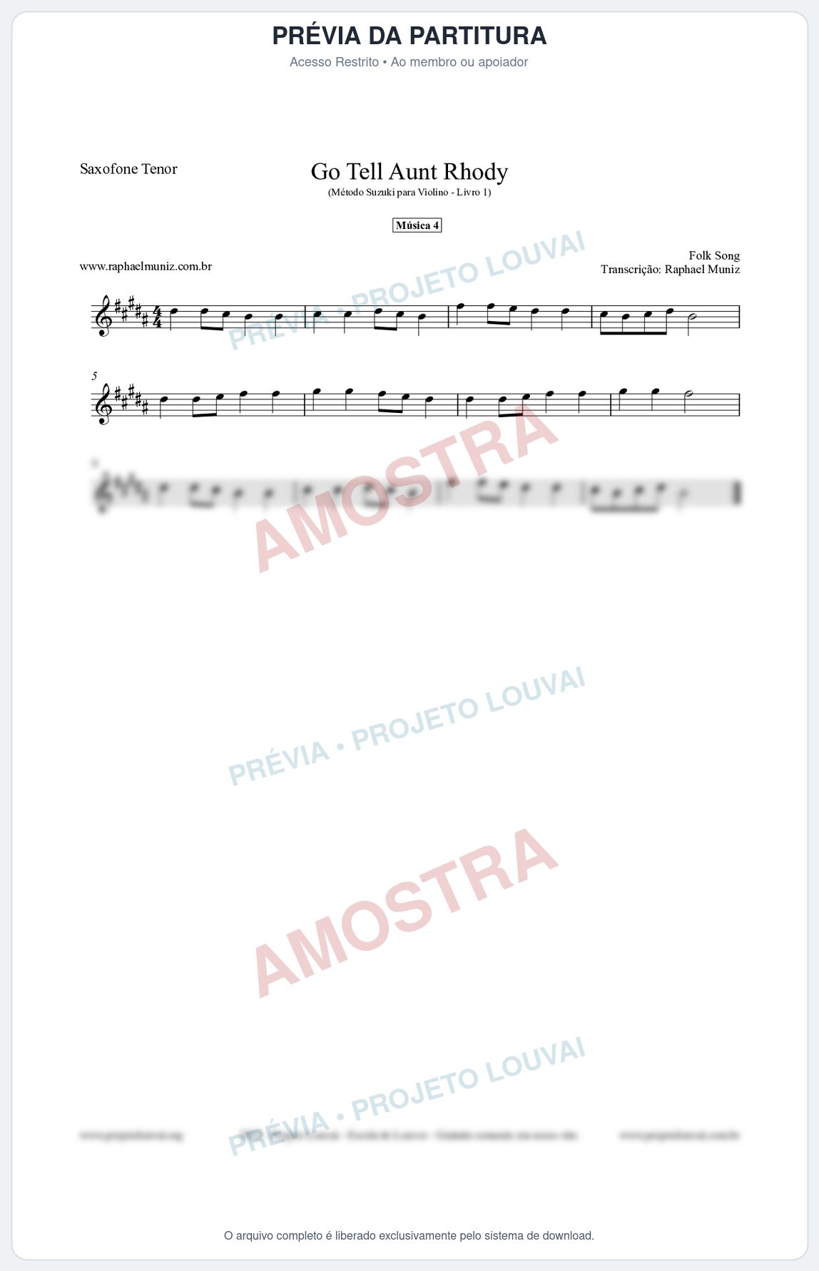 Prévia protegida da primeira página da partitura Partitura para Saxofone Tenor - Go Tell Aunt Rhody - Música 4 - Método Suzuki para Violino Vol.1