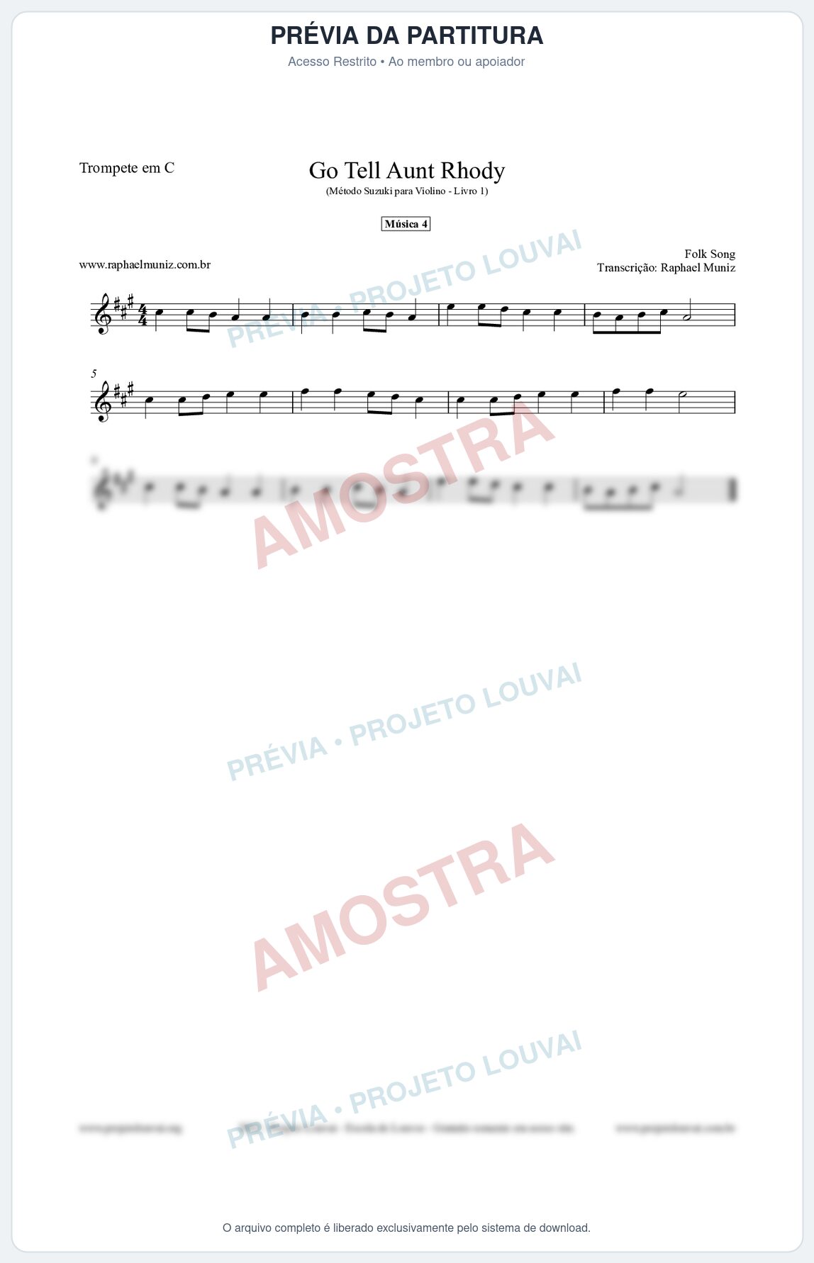 Prévia protegida da primeira página da partitura Partitura para Trompete em C - Go Tell Aunt Rhody - Música 4 - Método Suzuki para Violino Vol.1