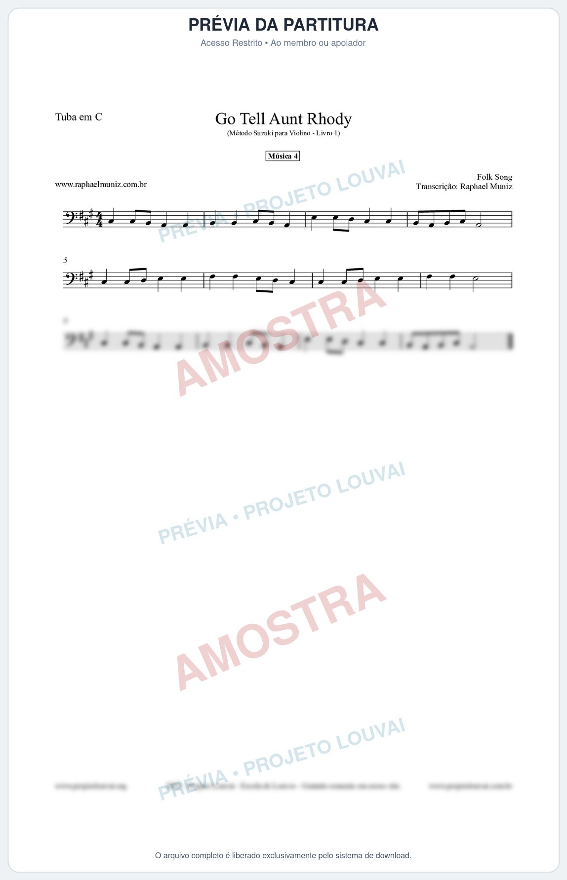 Prévia protegida da primeira página da partitura Partitura para Tuba em C - Go Tell Aunt Rhody - Música 4 - Método Suzuki para Violino Vol.1