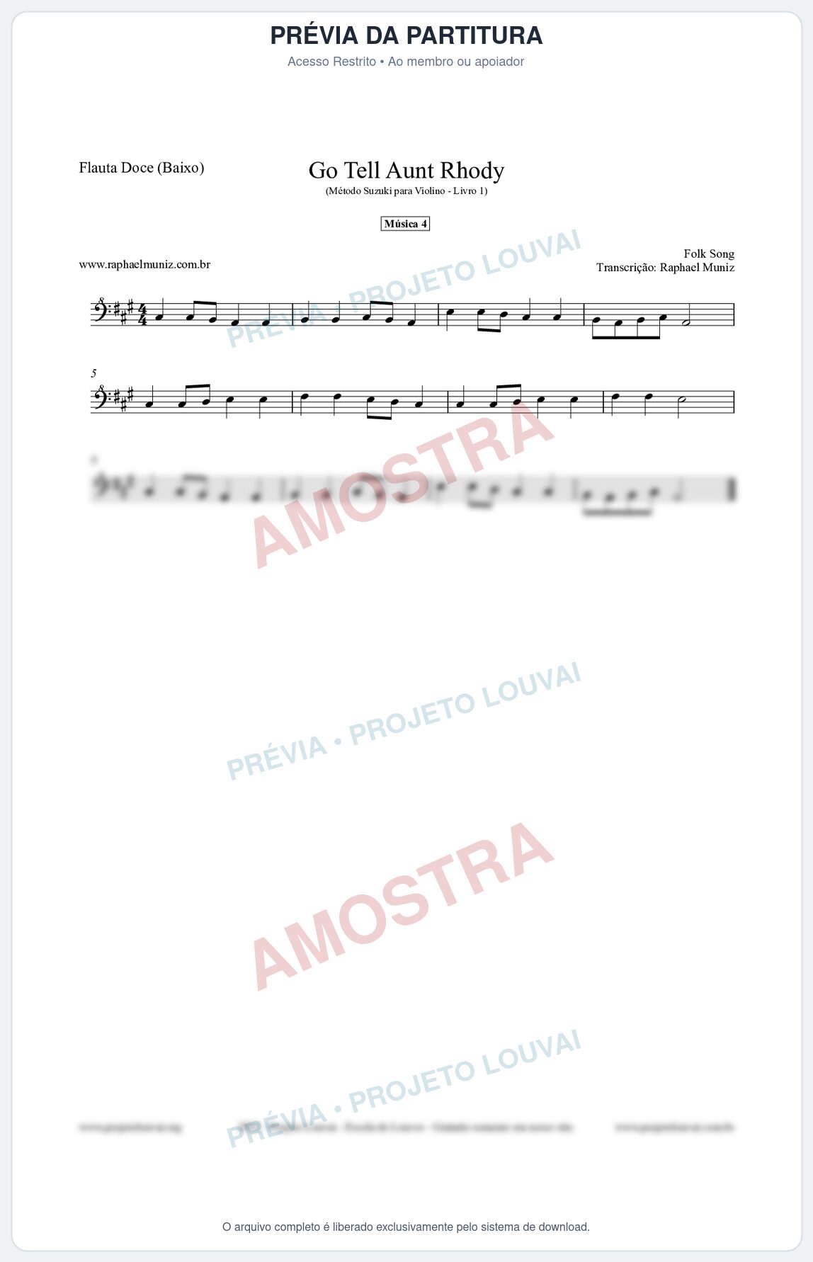 Prévia protegida da primeira página da partitura Partitura para Flauta Doce (Baixo) - Go Tell Aunt Rhody - Música 4 - Método Suzuki para Violino Vol.1