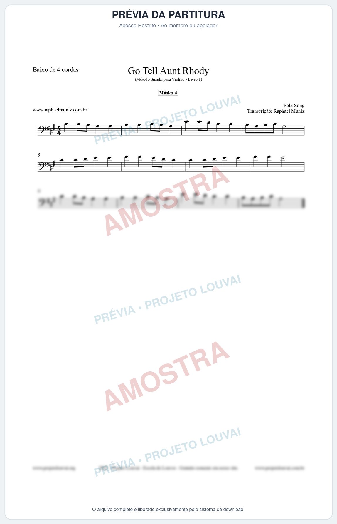 Prévia protegida da primeira página da partitura Partitura para Baixo de 4 cordas - Go Tell Aunt Rhody - Música 4 - Método Suzuki para Violino Vol.1