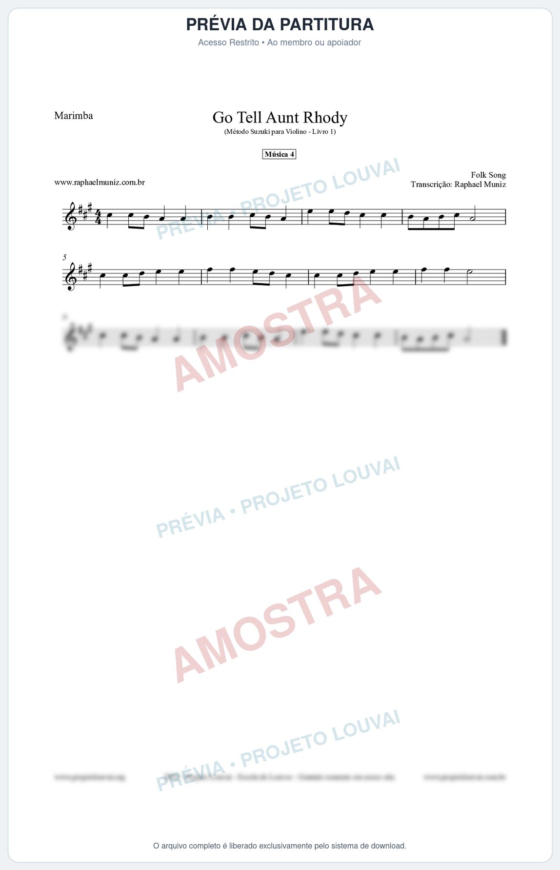Prévia protegida da primeira página da partitura Partitura para Marimba - Go Tell Aunt Rhody - Música 4 - Método Suzuki para Violino Vol.1