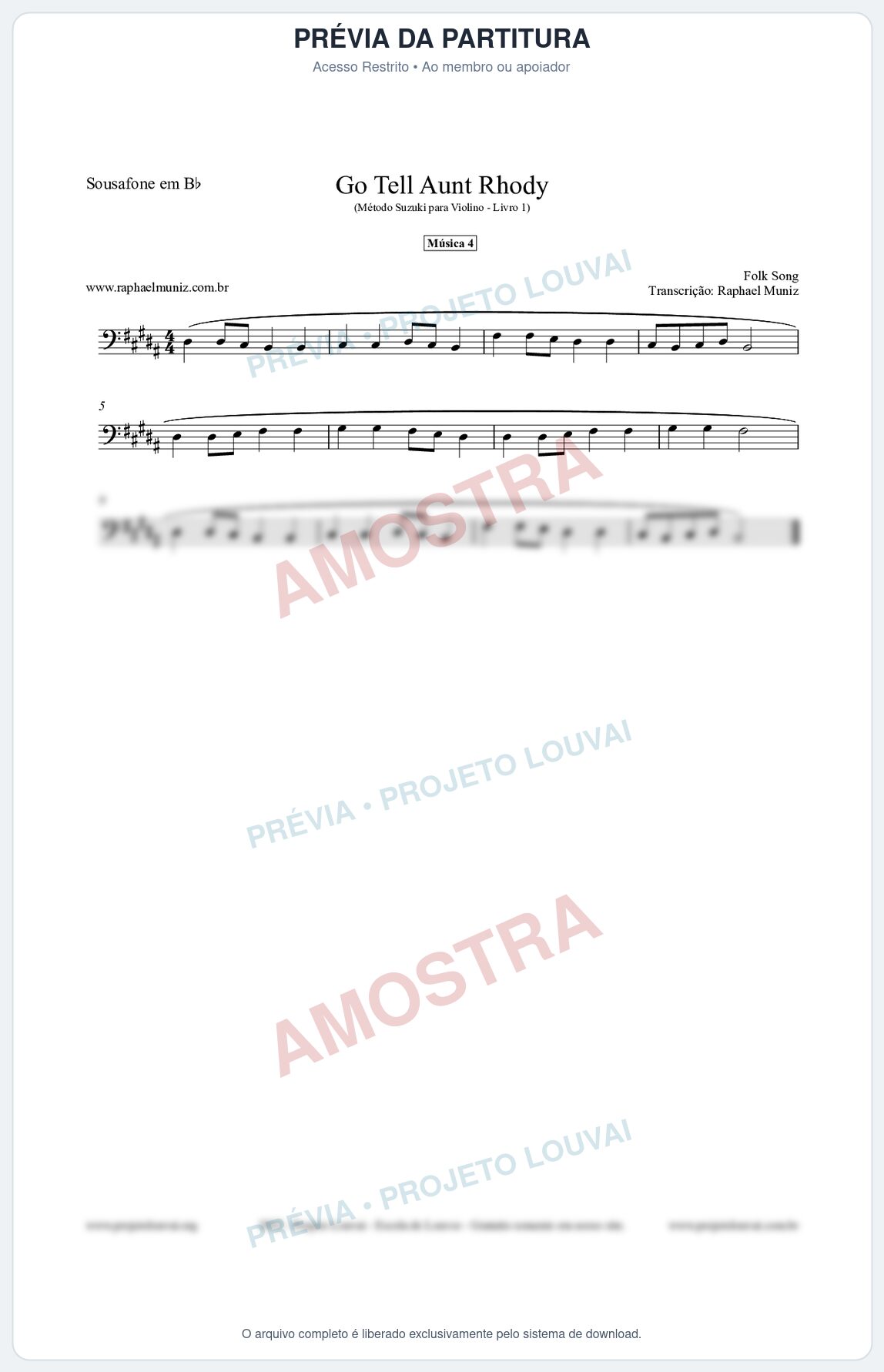 Prévia protegida da primeira página da partitura Partitura para Sousafone em Bb - Go Tell Aunt Rhody - Música 4 - Método Suzuki para Violino Vol.1