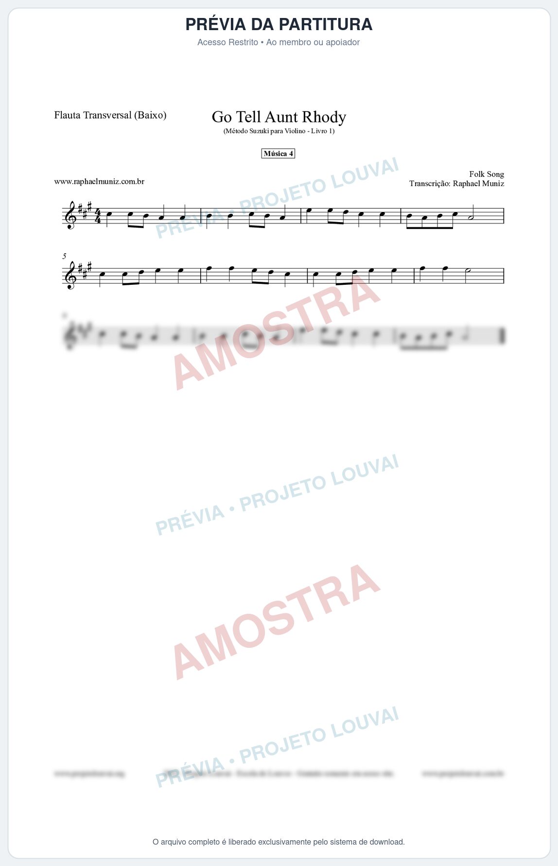 Prévia protegida da primeira página da partitura Partitura para Flauta Transversal (Baixo) - Go Tell Aunt Rhody - Música 4 - Método Suzuki para Violino Vol.1