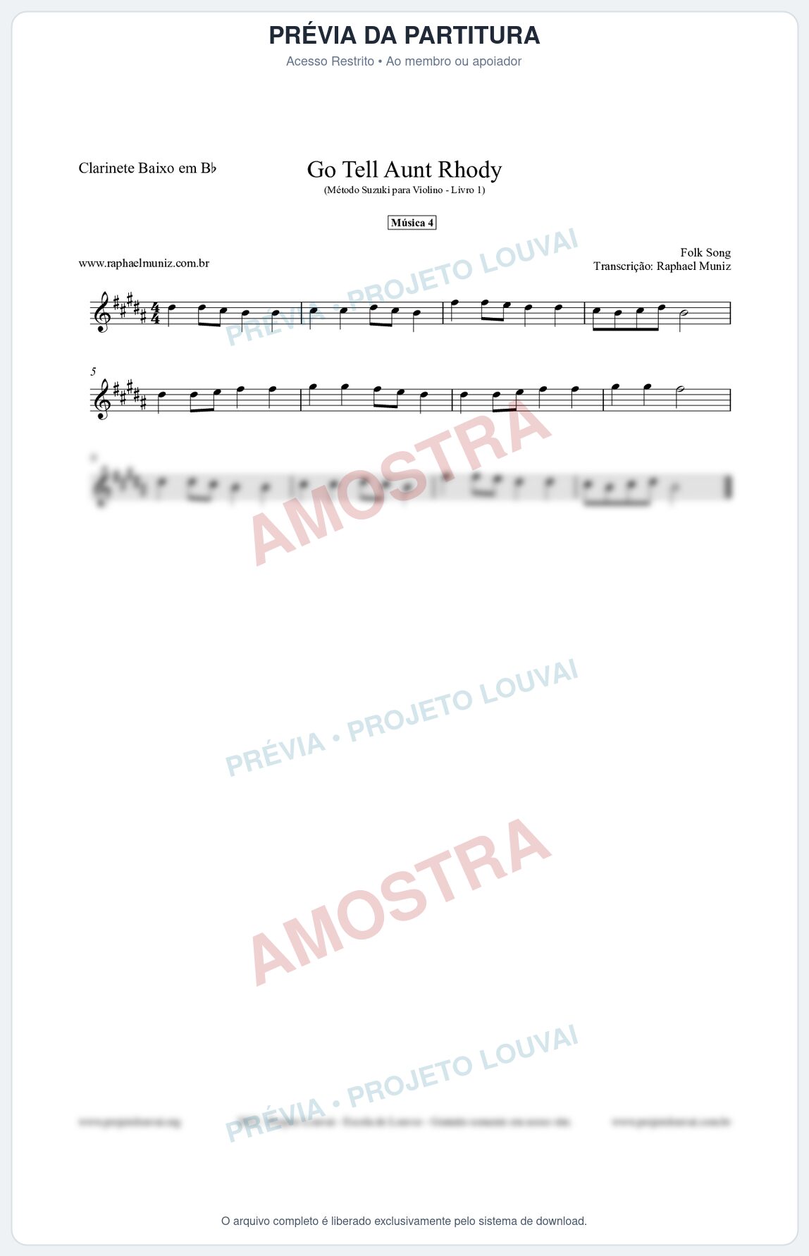 Prévia protegida da primeira página da partitura Partitura para Clarinete Baixo em Bb - Go Tell Aunt Rhody - Música 4 - Método Suzuki para Violino Vol.1