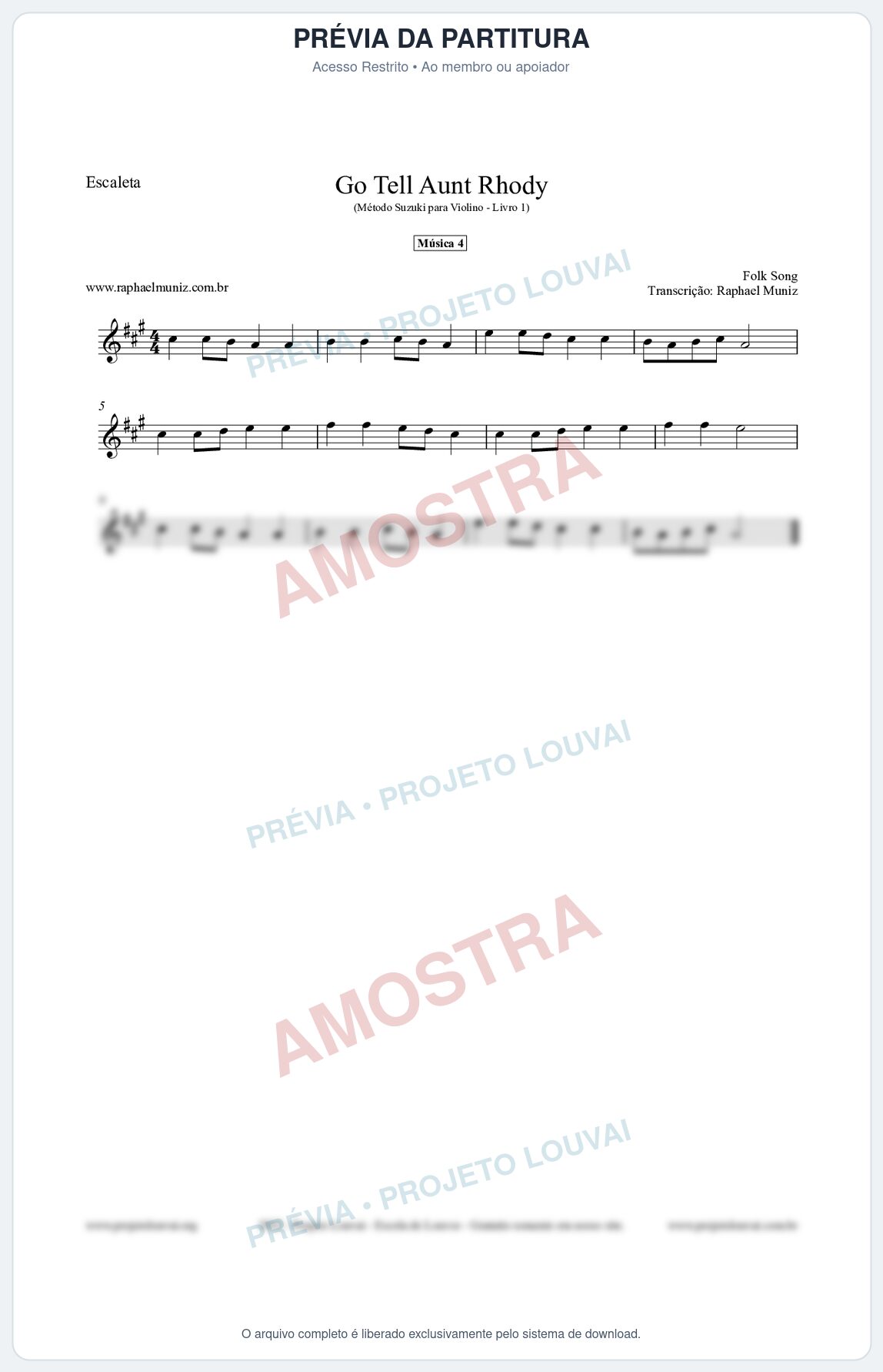 Prévia protegida da primeira página da partitura Partitura para Escaleta - Go Tell Aunt Rhody - Música 4 - Método Suzuki para Violino Vol.1