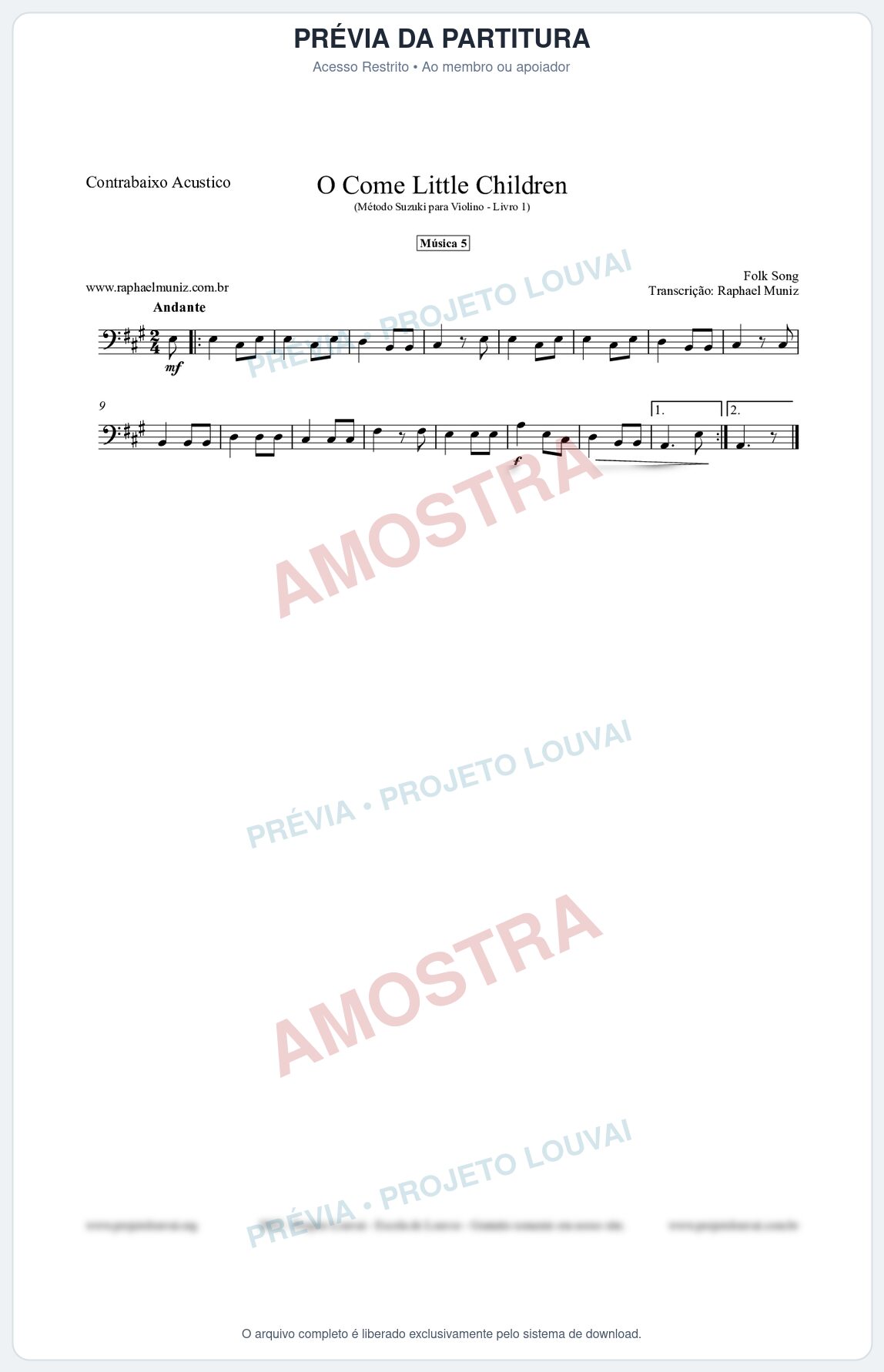Prévia protegida da primeira página da partitura Partitura para Contrabaixo Acústico - O Come Little Children - Música 5 - Método Suzuki para Violino Vol.1
