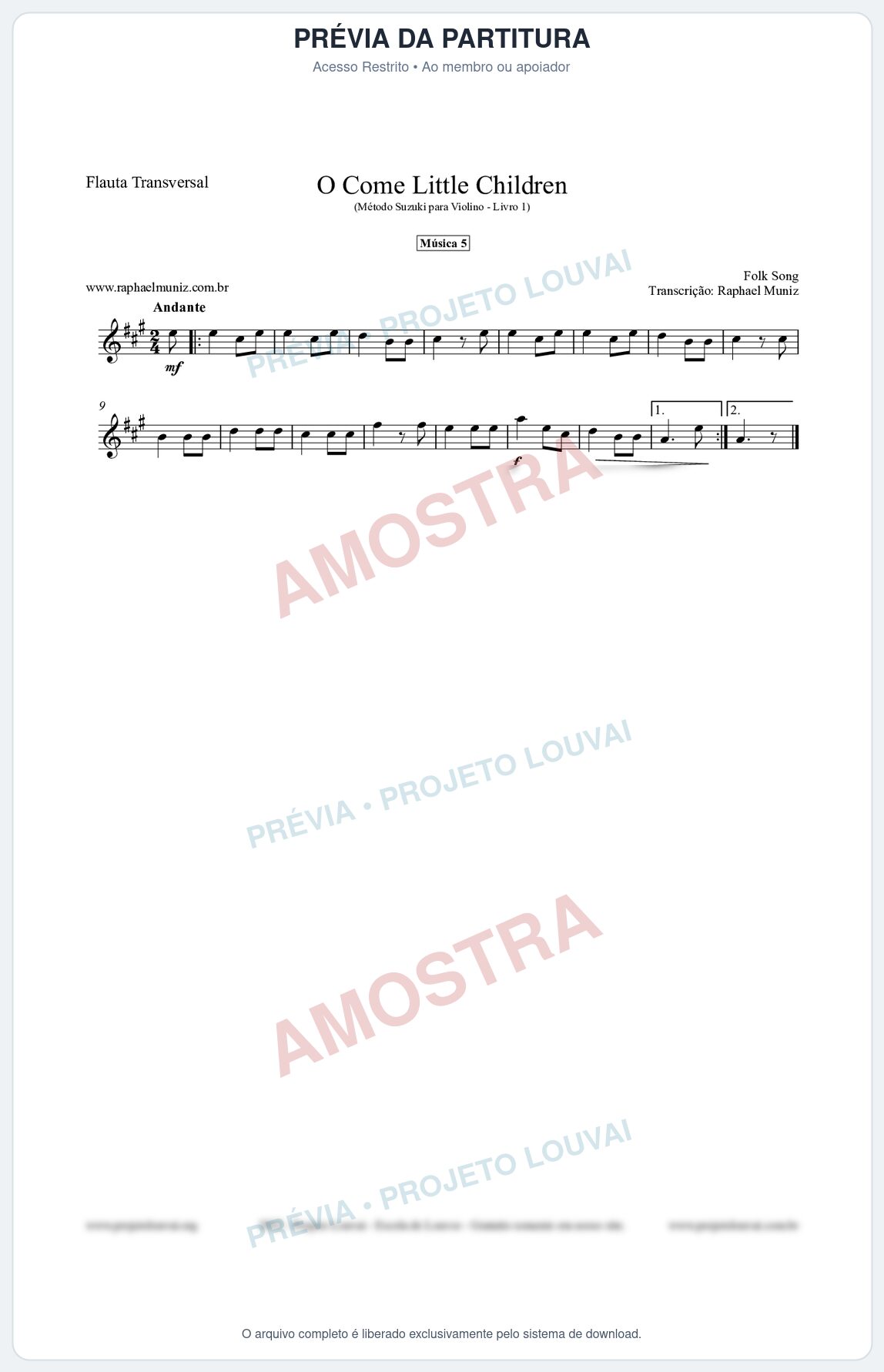 Prévia protegida da primeira página da partitura Partitura para Flauta Transversal - O Come Little Children - Música 5 - Método Suzuki para Violino Vol.1