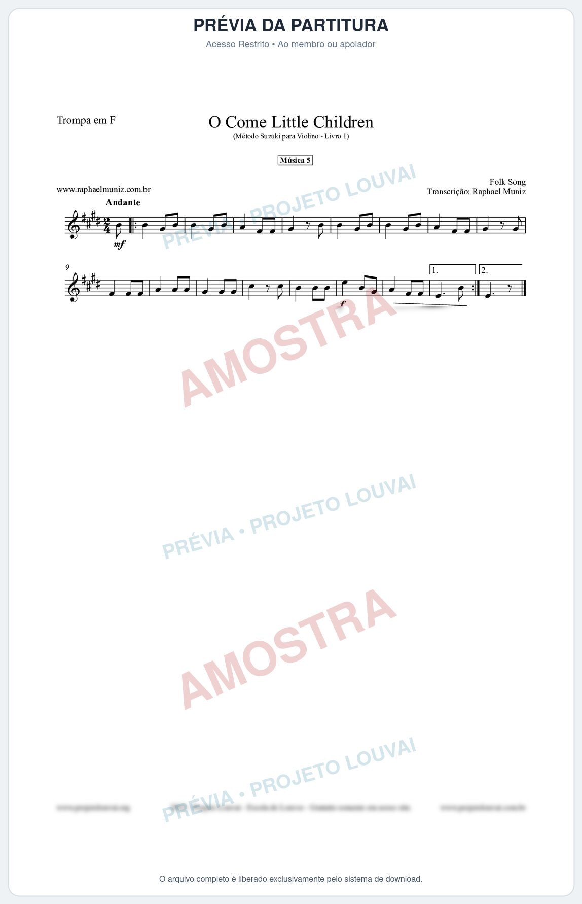 Prévia protegida da primeira página da partitura Partitura para Trompa em F - O Come Little Children - Música 5 - Método Suzuki para Violino Vol.1