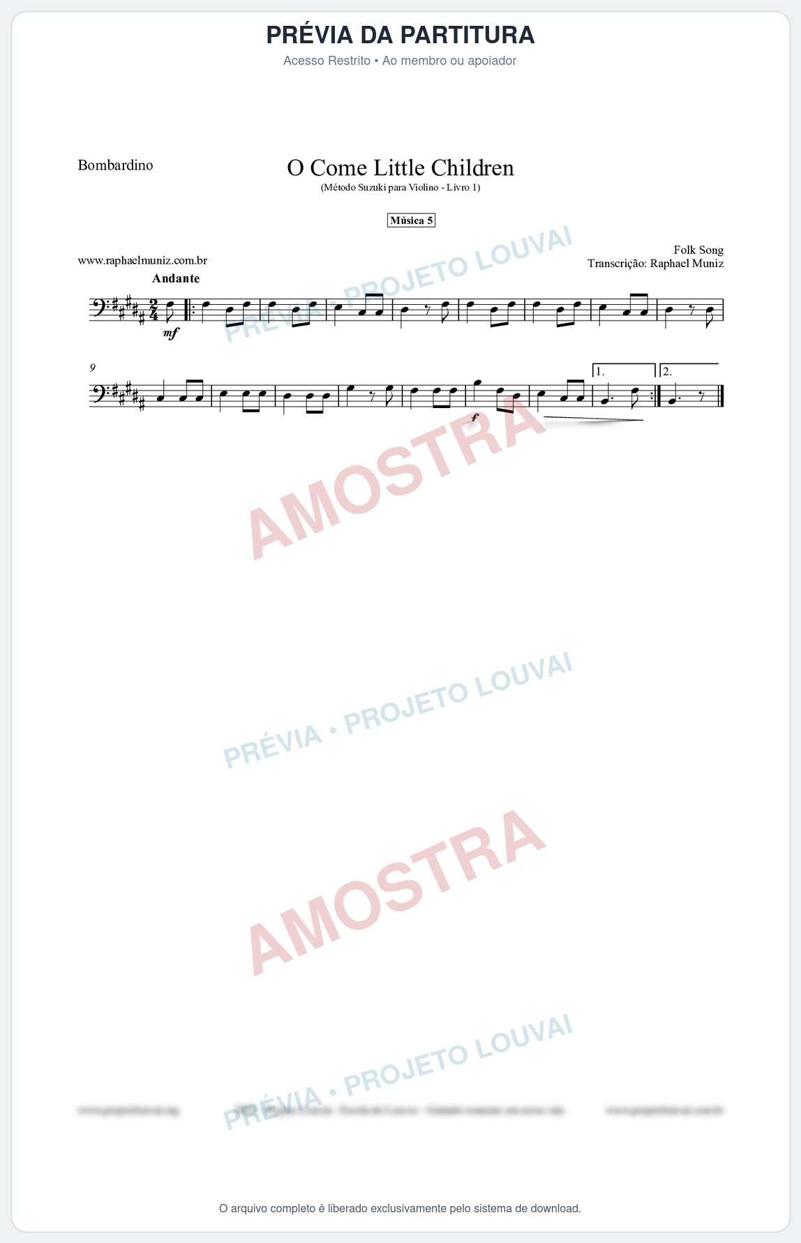 Prévia protegida da primeira página da partitura Partitura para Bombardino - O Come Little Children - Música 5 - Método Suzuki para Violino Vol.1