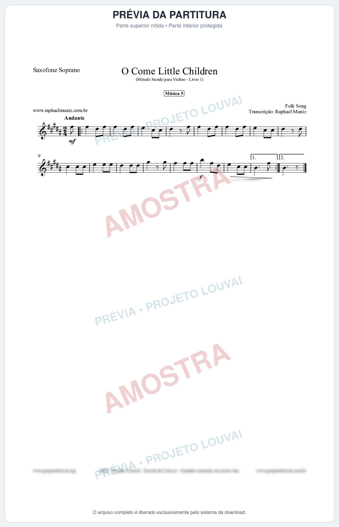 Prévia protegida da primeira página da partitura Partitura para Saxofone Soprano - O Come Little Children - Música 5 - Método Suzuki para Violino Vol.1