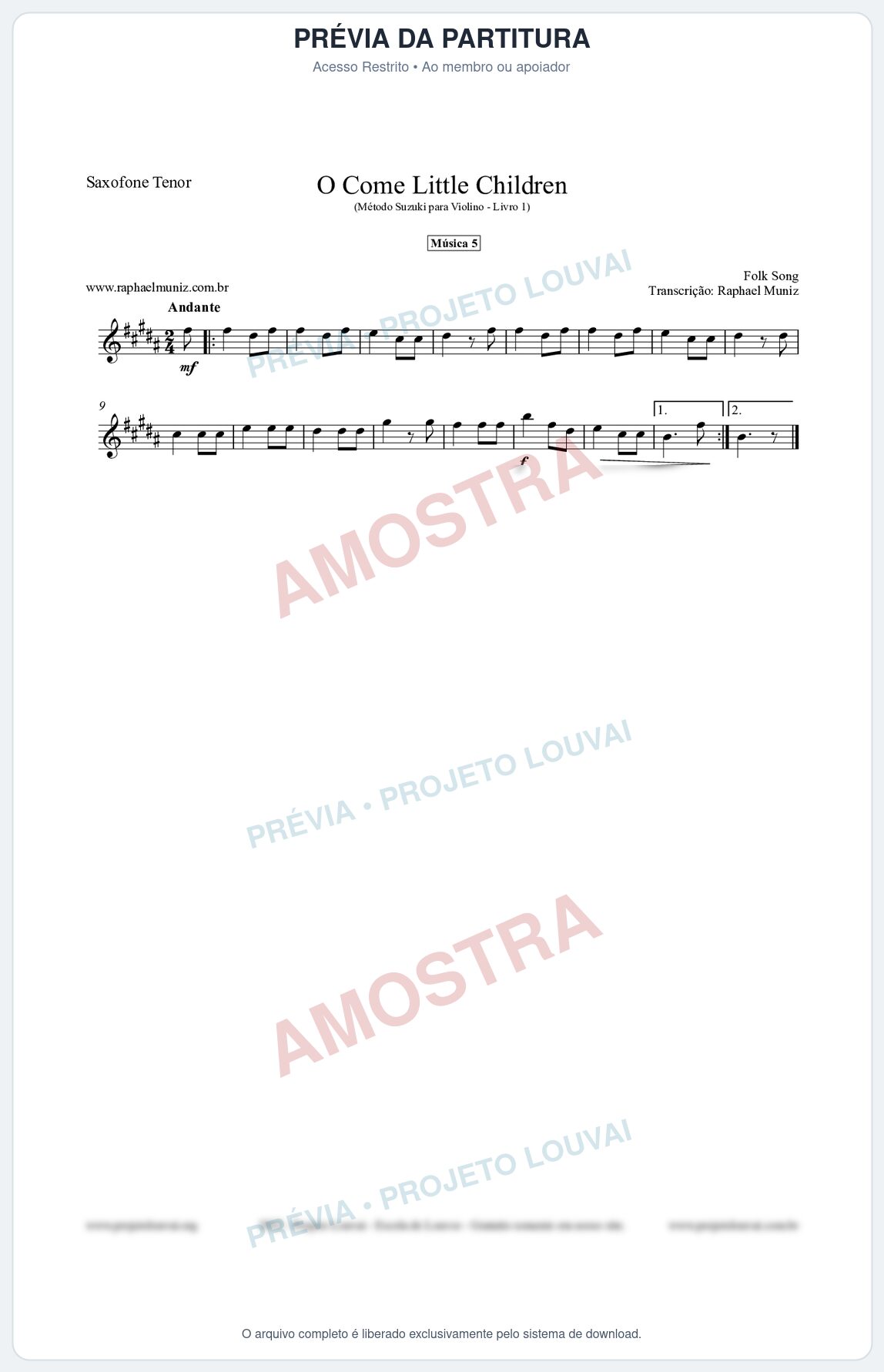 Prévia protegida da primeira página da partitura Partitura para Saxofone Tenor - O Come Little Children - Música 5 - Método Suzuki para Violino Vol.1