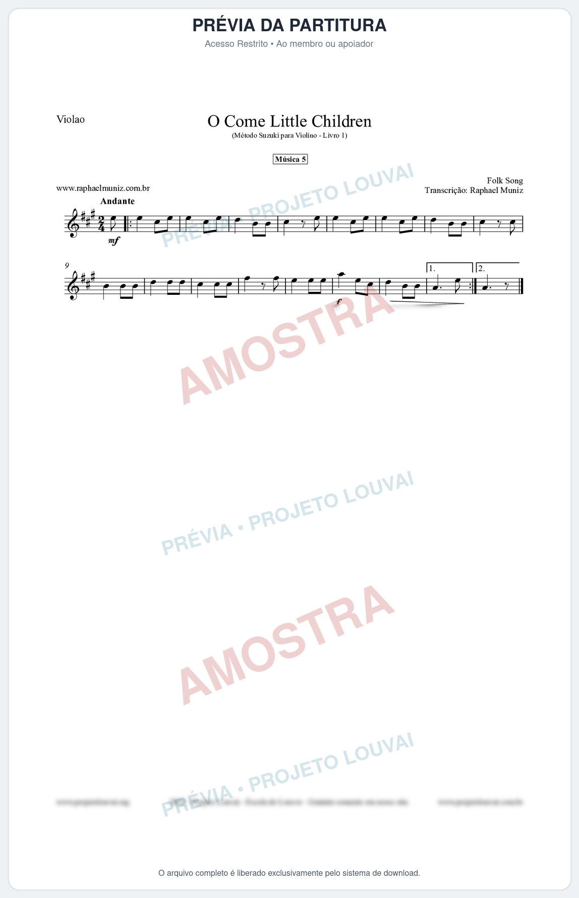 Prévia protegida da primeira página da partitura Partitura para Violão - O Come Little Children - Música 5 - Método Suzuki para Violino Vol.1