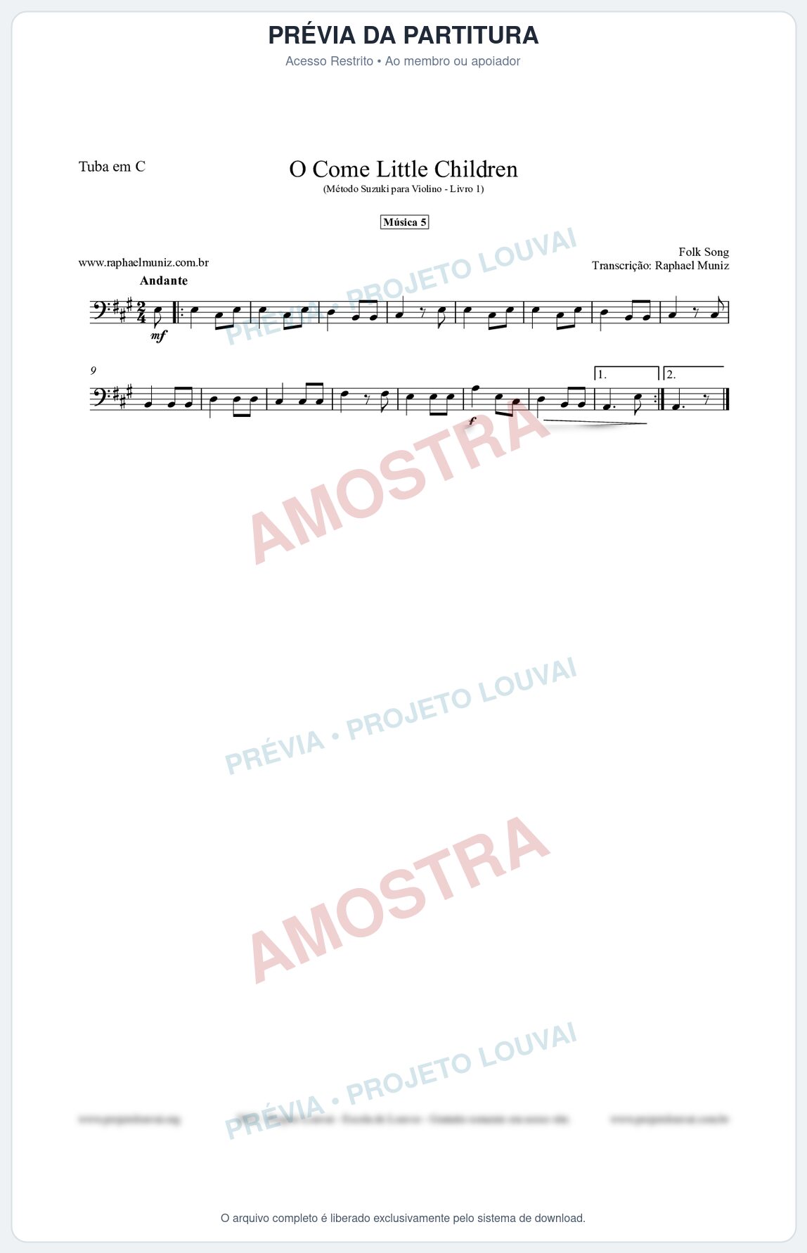 Prévia protegida da primeira página da partitura Partitura para Tuba em C - O Come Little Children - Música 5 - Método Suzuki para Violino Vol.1