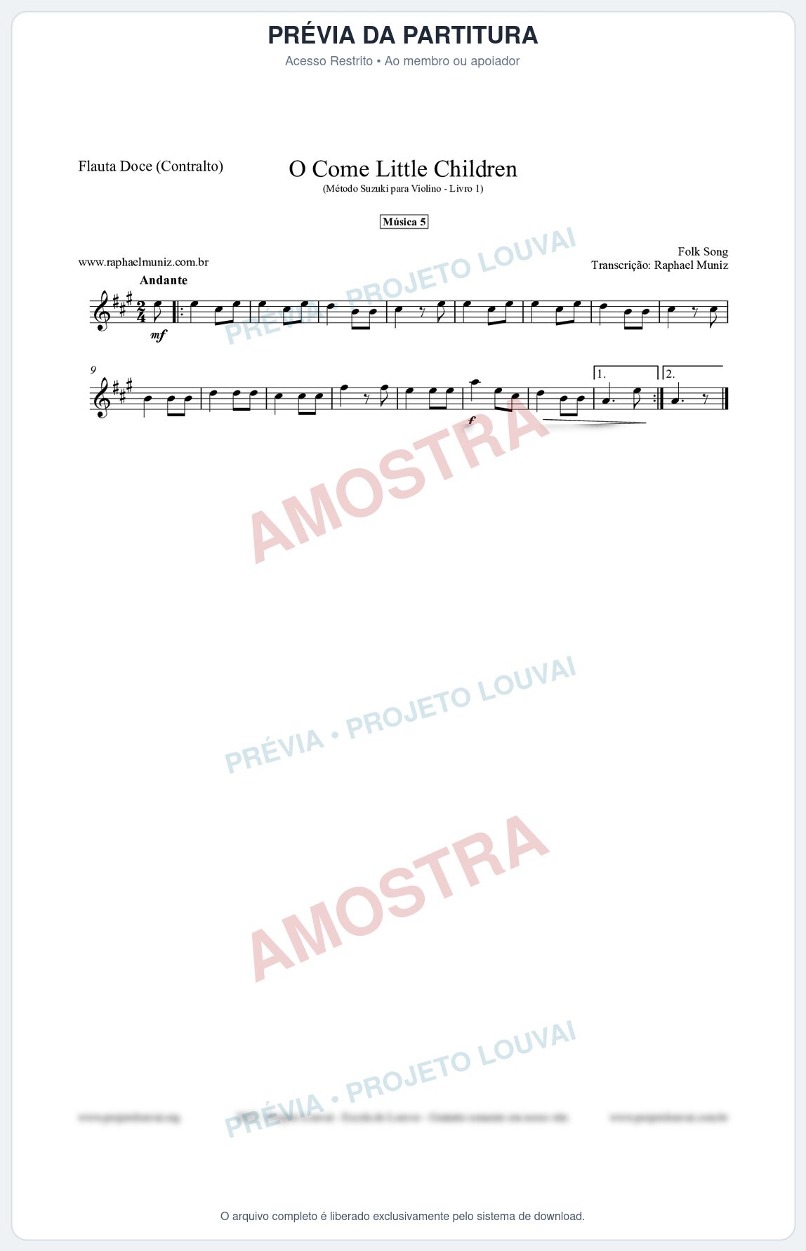 Prévia protegida da primeira página da partitura Partitura para Flauta Doce (Contralto) - O Come Little Children - Música 5 - Método Suzuki para Violino Vol.1