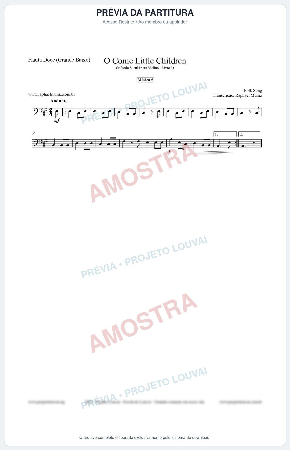 Prévia protegida da primeira página da partitura Partitura para Flauta Doce (Grande Baixo) - O Come Little Children - Música 5 - Método Suzuki para Violino Vol.1