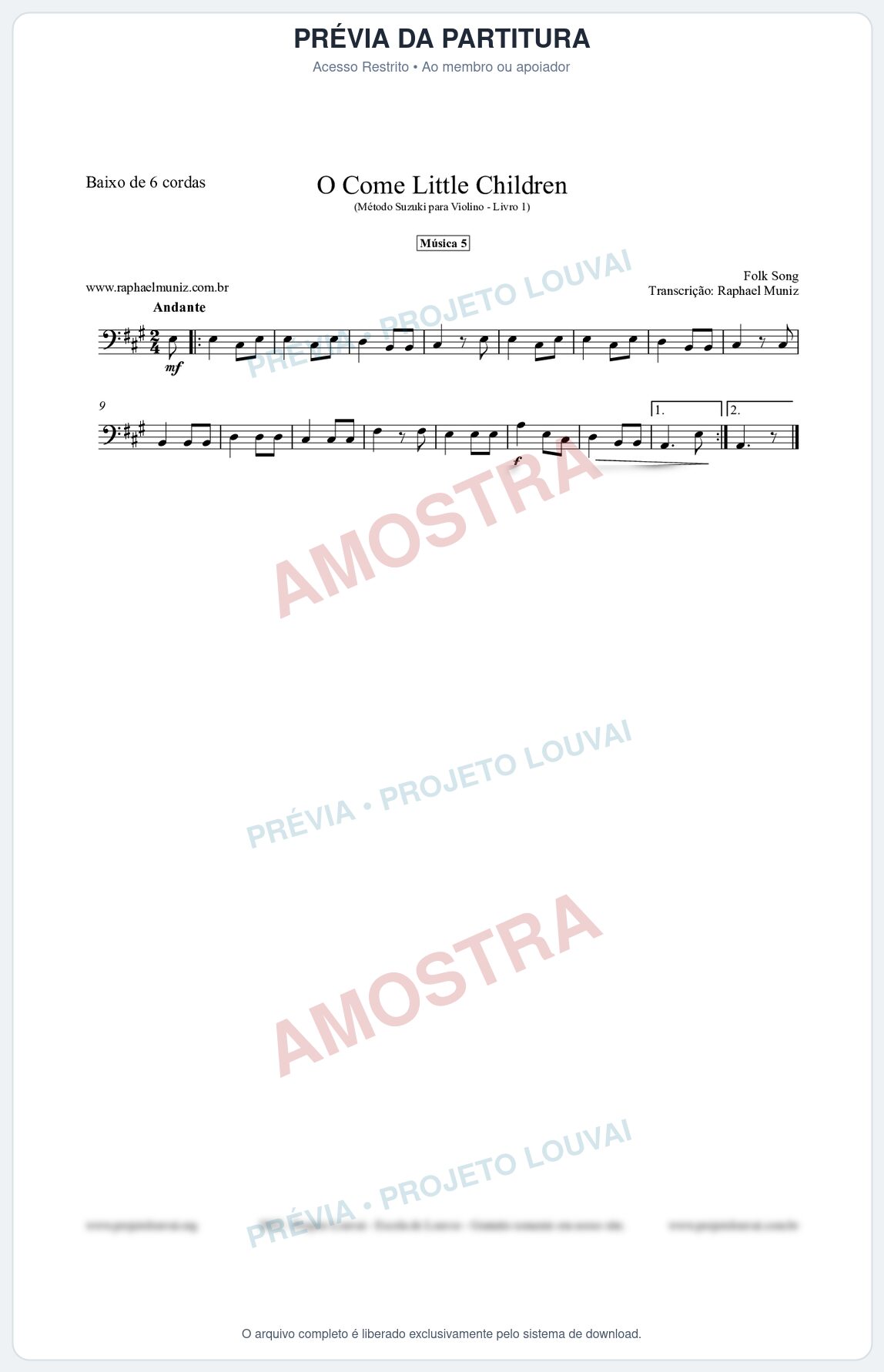 Prévia protegida da primeira página da partitura Partitura para Baixo de 6 cordas - O Come Little Children - Música 5 - Método Suzuki para Violino Vol.1