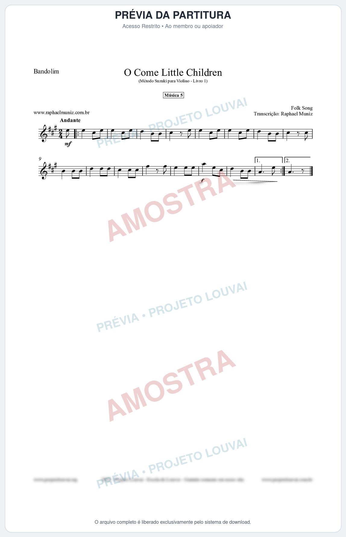 Prévia protegida da primeira página da partitura Partitura para Bandolim - O Come Little Children - Música 5 - Método Suzuki para Violino Vol.1