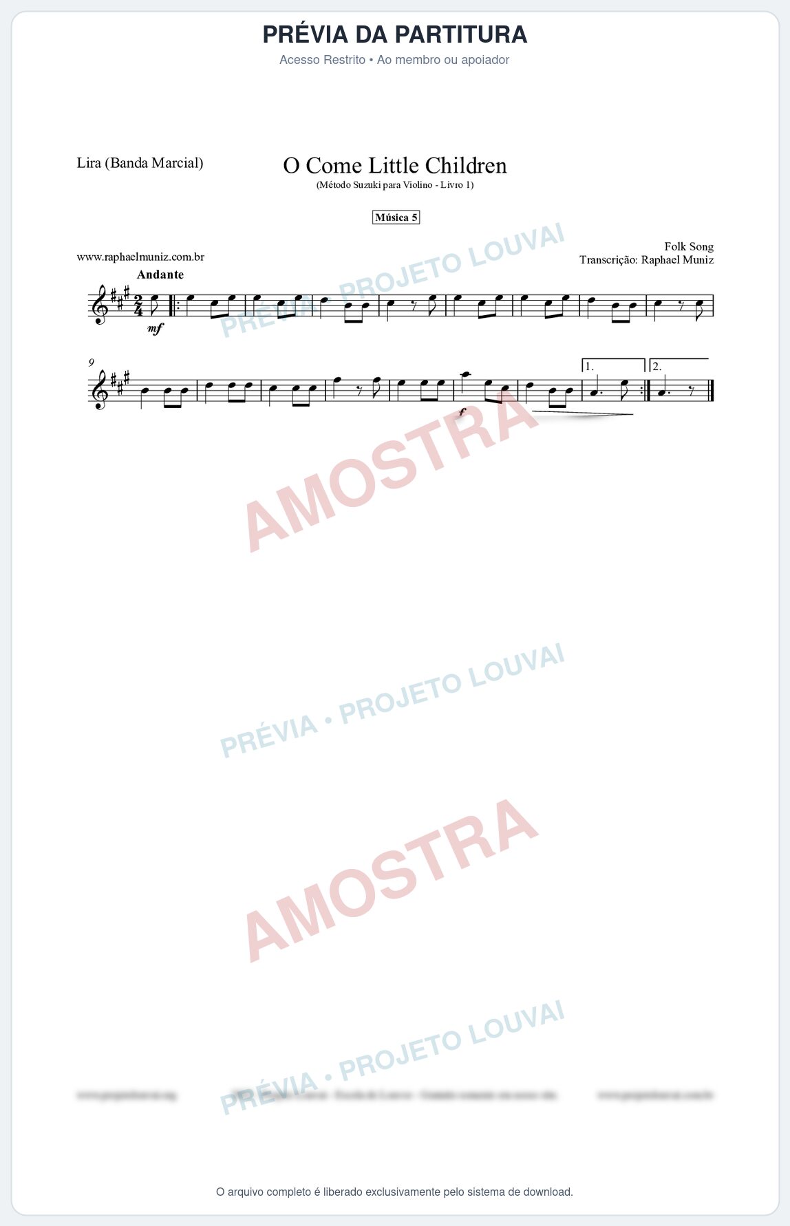 Prévia protegida da primeira página da partitura Partitura para Lira (Banda Marcial) - O Come Little Children - Música 5 - Método Suzuki para Violino Vol.1