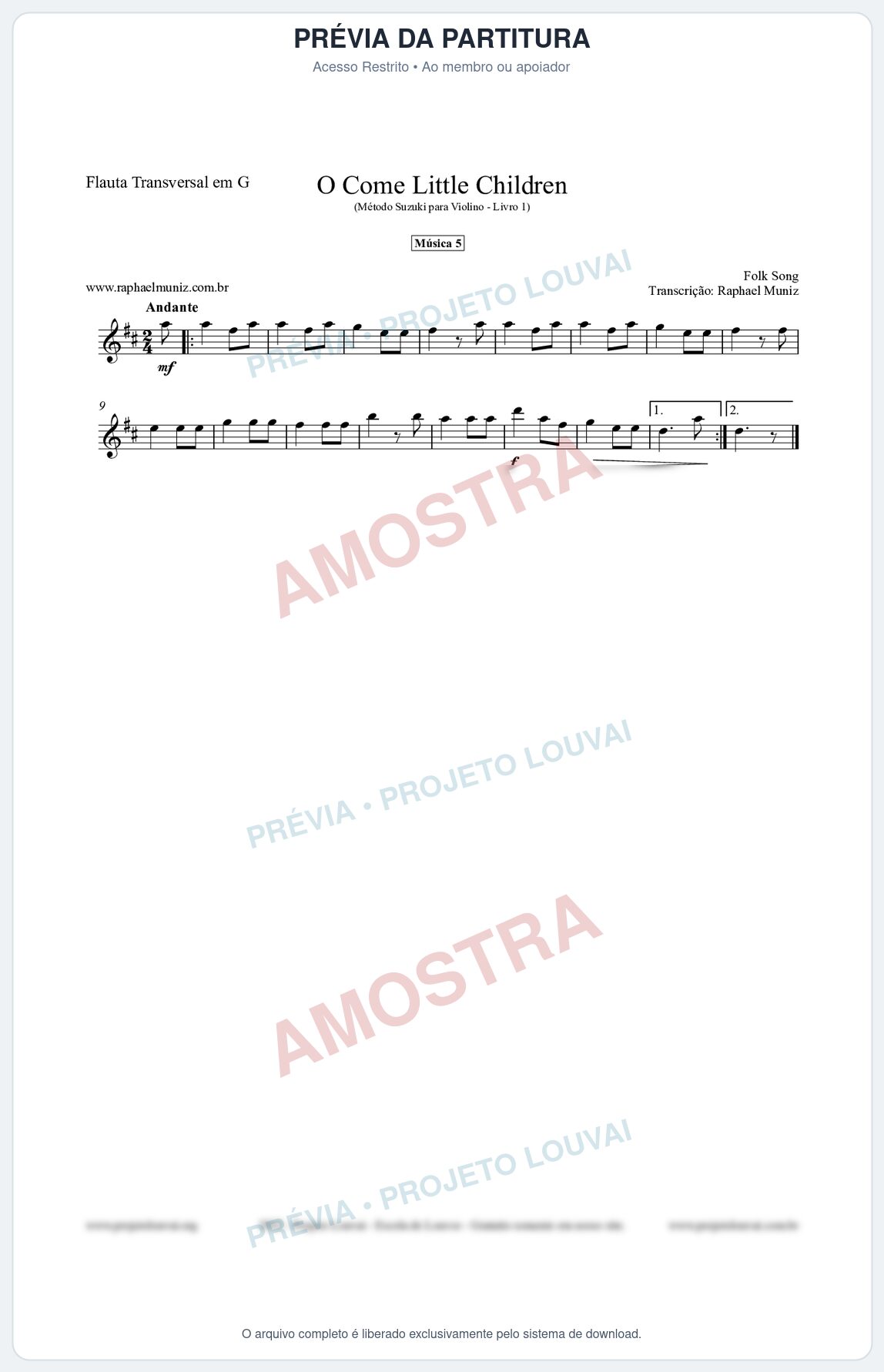 Prévia protegida da primeira página da partitura Partitura para Flauta Transversal em G - O Come Little Children - Música 5 - Método Suzuki para Violino Vol.1