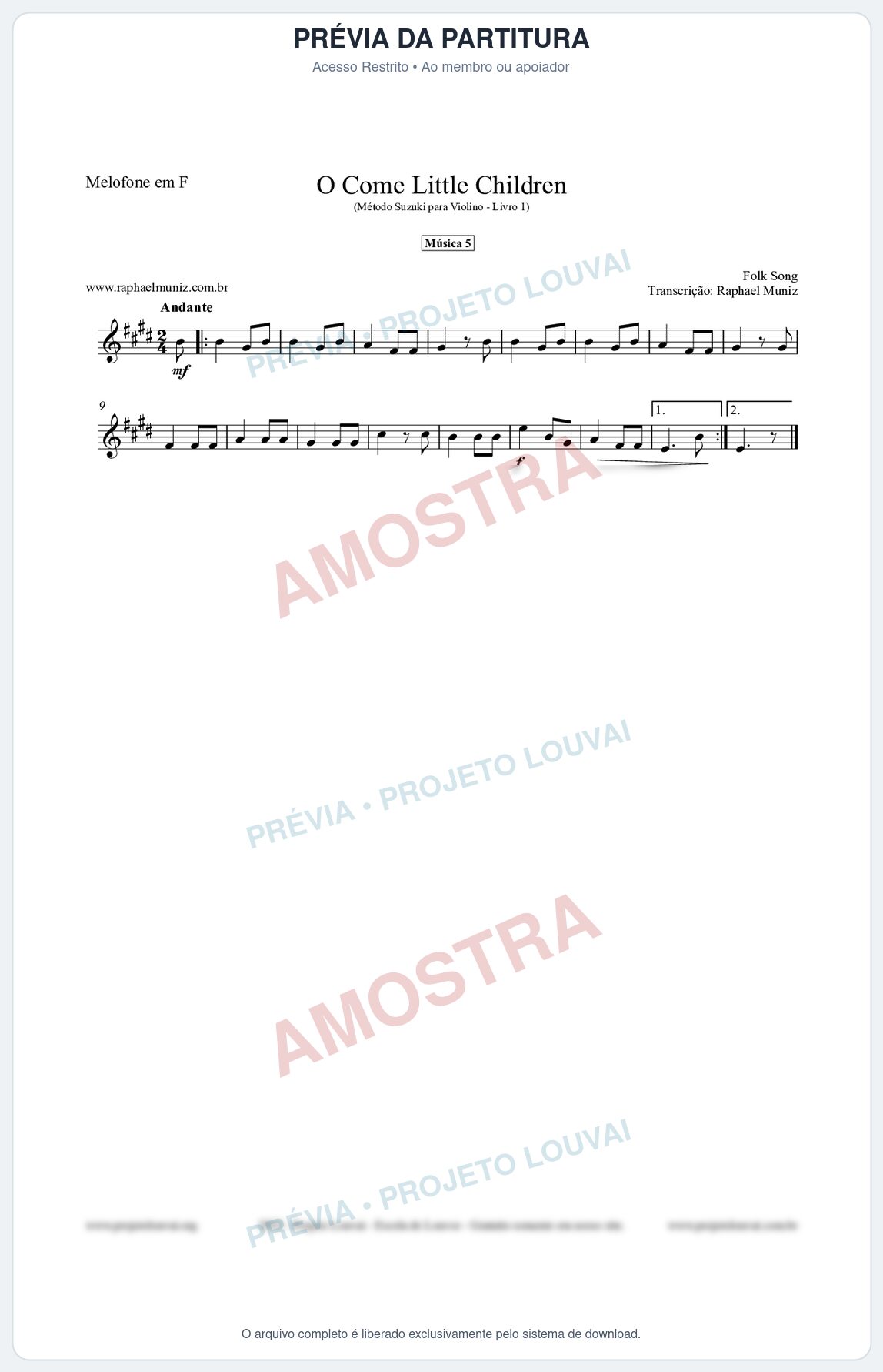 Prévia protegida da primeira página da partitura Partitura para Melofone em F - O Come Little Children - Música 5 - Método Suzuki para Violino Vol.1