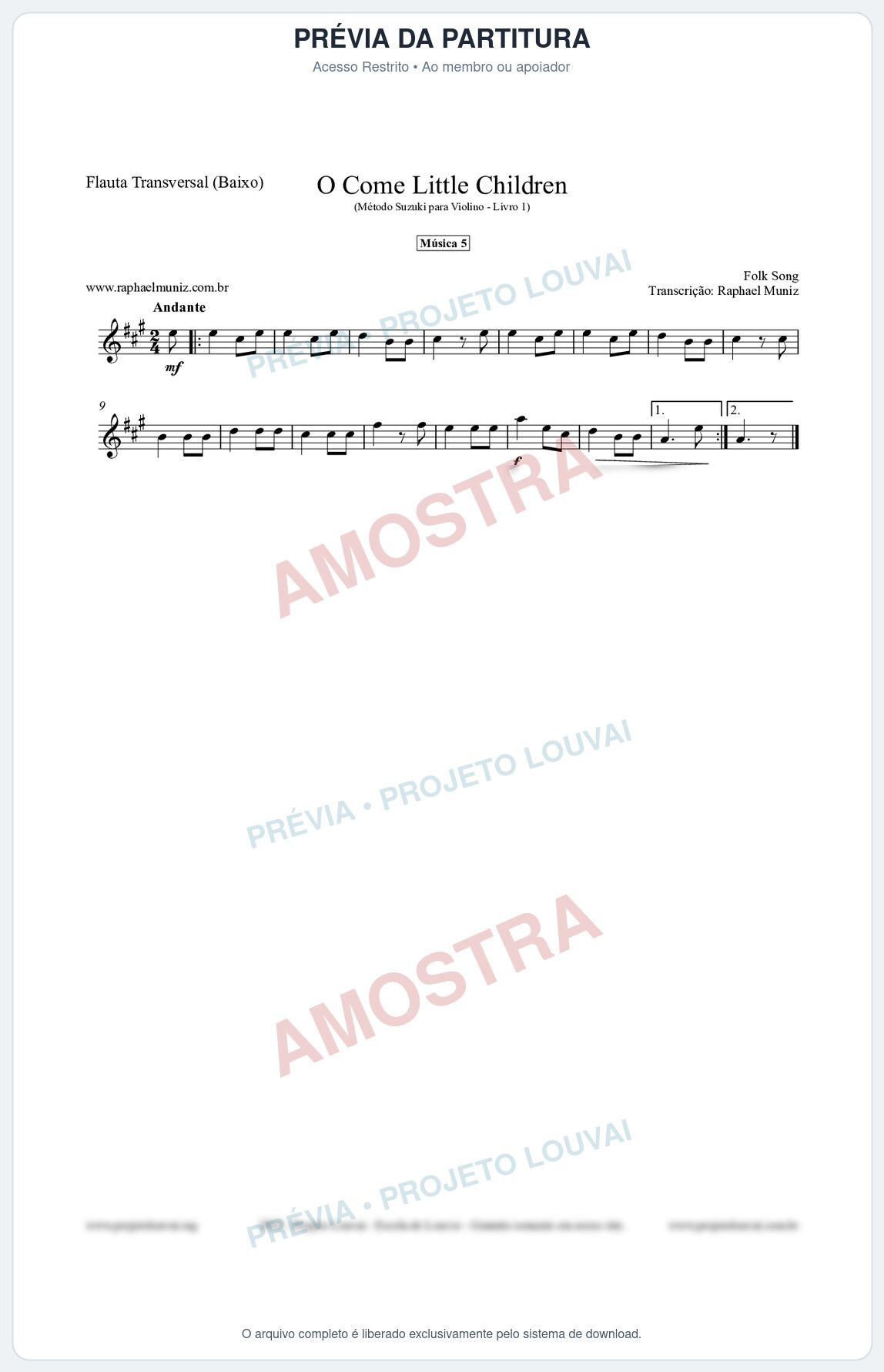 Prévia protegida da primeira página da partitura Partitura para Flauta Transversal (Baixo) - O Come Little Children - Música 5 - Método Suzuki para Violino Vol.1