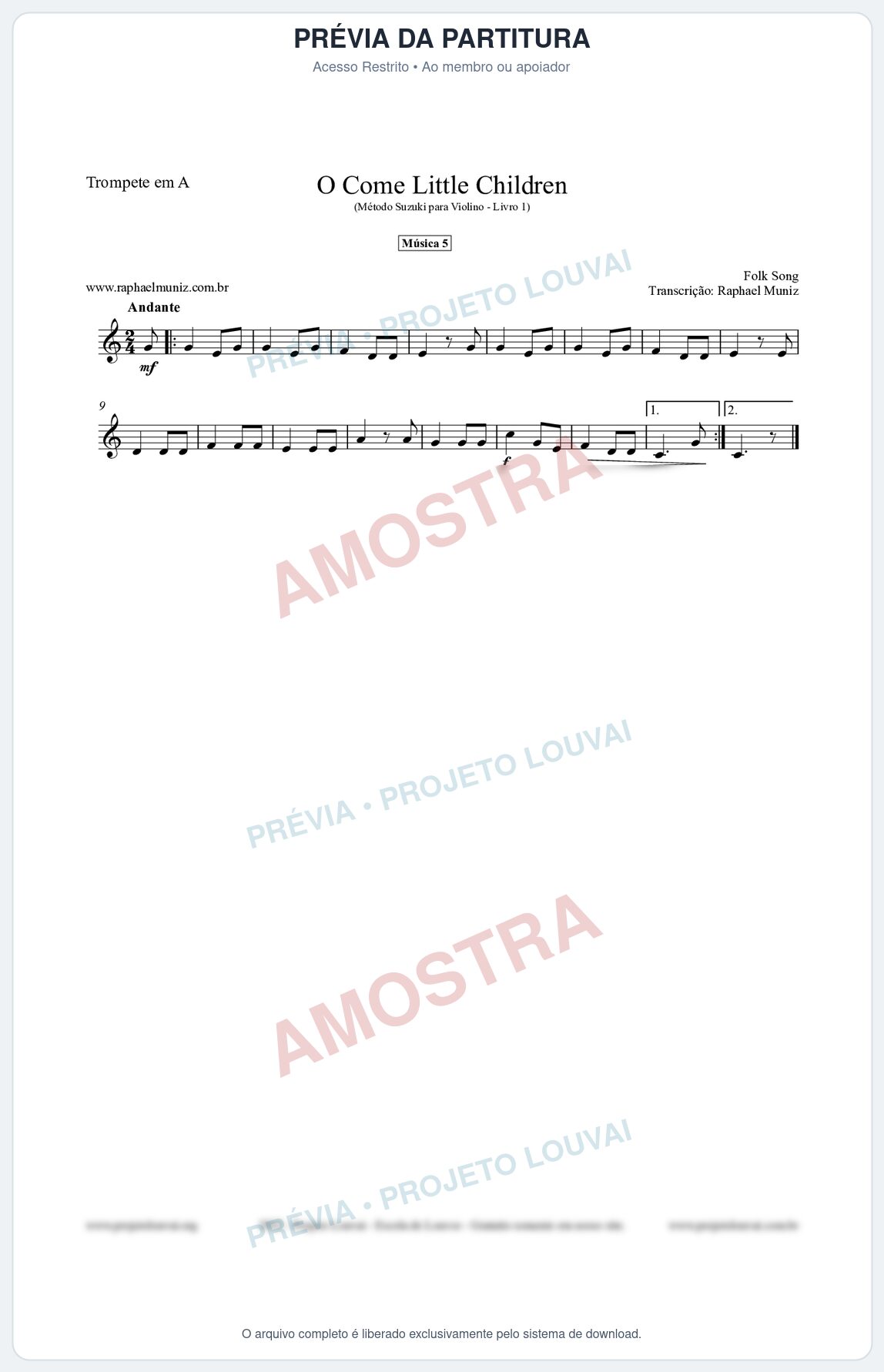 Prévia protegida da primeira página da partitura Partitura para Trompete em A - O Come Little Children - Música 5 - Método Suzuki para Violino Vol.1