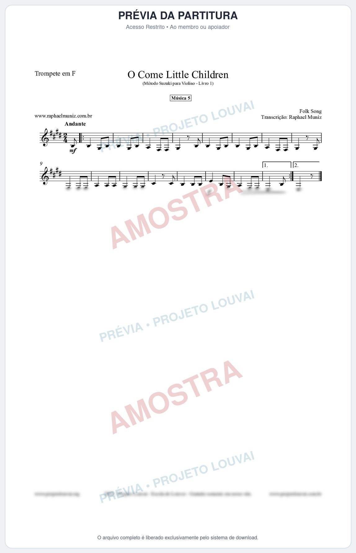 Prévia protegida da primeira página da partitura Partitura para Trompete em F - O Come Little Children - Música 5 - Método Suzuki para Violino Vol.1