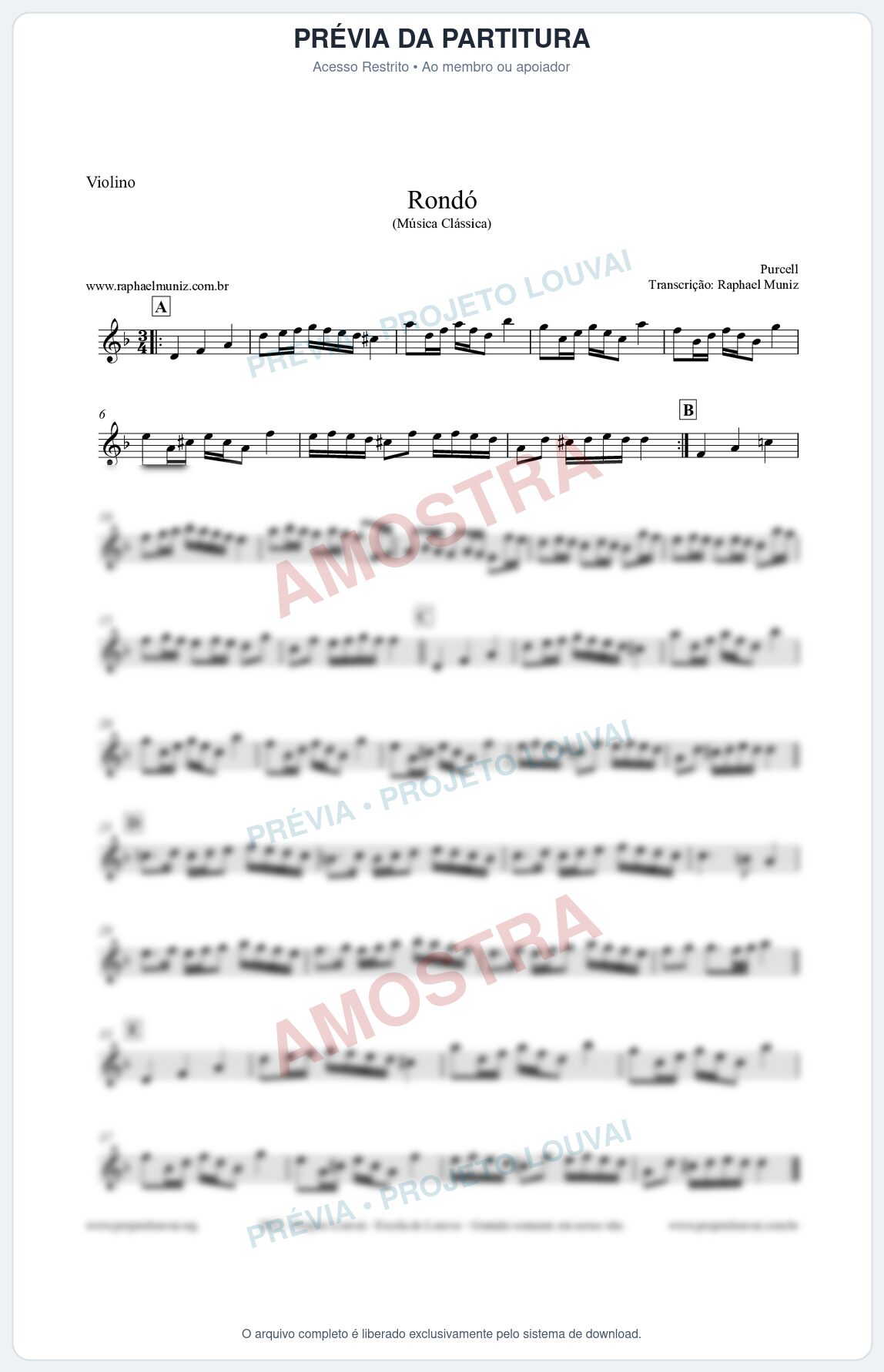 Prévia protegida da primeira página da partitura Partitura para Violino - Rondó em Ré menor - Purcell - Músicas Eruditas