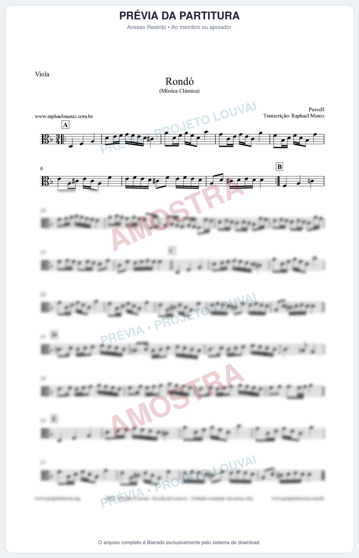 Prévia protegida da primeira página da partitura Partitura para Viola - Rondó em Ré menor - Purcell - Músicas Eruditas
