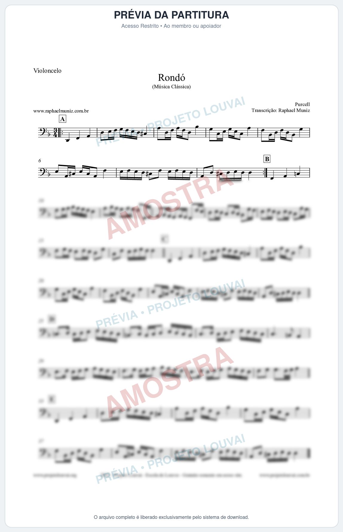 Prévia protegida da primeira página da partitura Partitura para Violoncelo - Rondó em Ré menor - Purcell - Músicas Eruditas