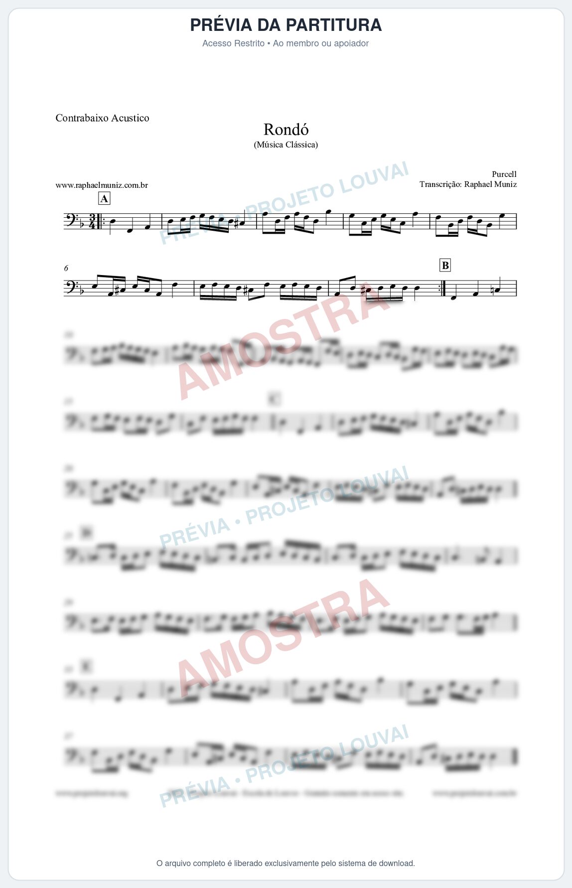 Prévia protegida da primeira página da partitura Partitura para Contrabaixo Acústico - Rondó em Ré menor - Purcell - Músicas Eruditas