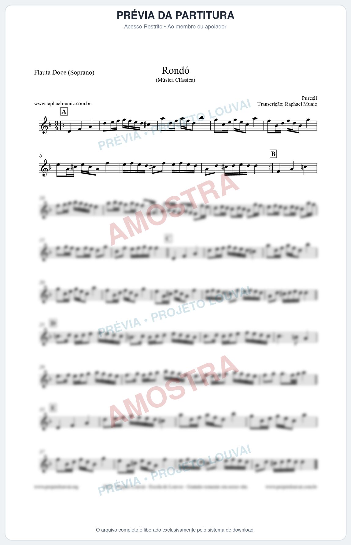 Prévia protegida da primeira página da partitura Partitura para Flauta Doce (Soprano) - Rondó em Ré menor - Purcell - Músicas Eruditas