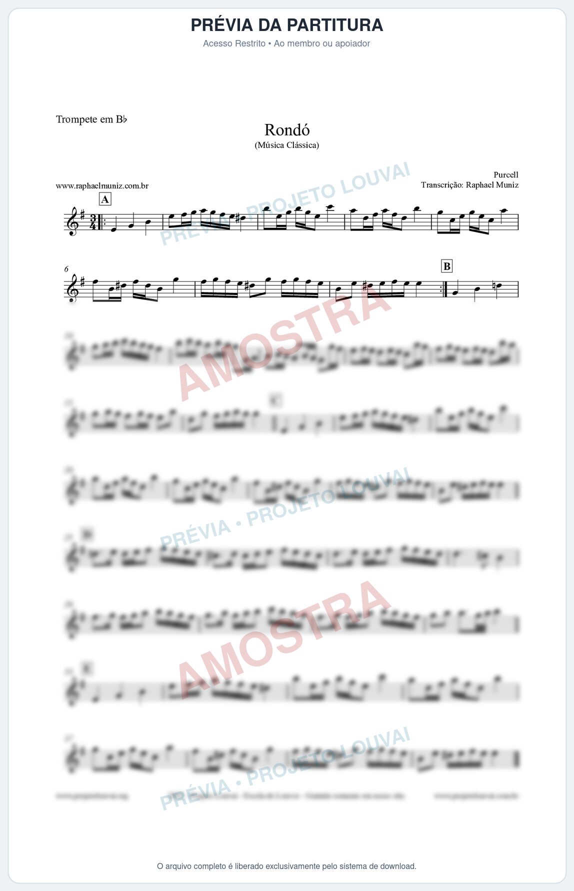 Prévia protegida da primeira página da partitura Partitura para Trompete em Bb - Rondó em Ré menor - Purcell - Músicas Eruditas