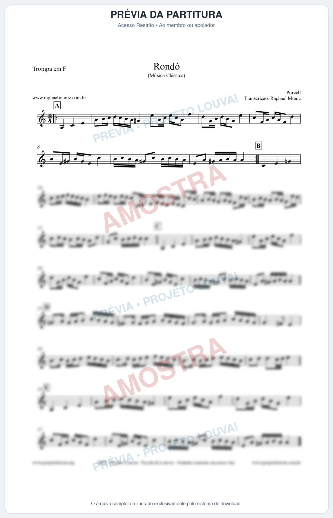 Prévia protegida da primeira página da partitura Partitura para Trompa em F - Rondó em Ré menor - Purcell - Músicas Eruditas