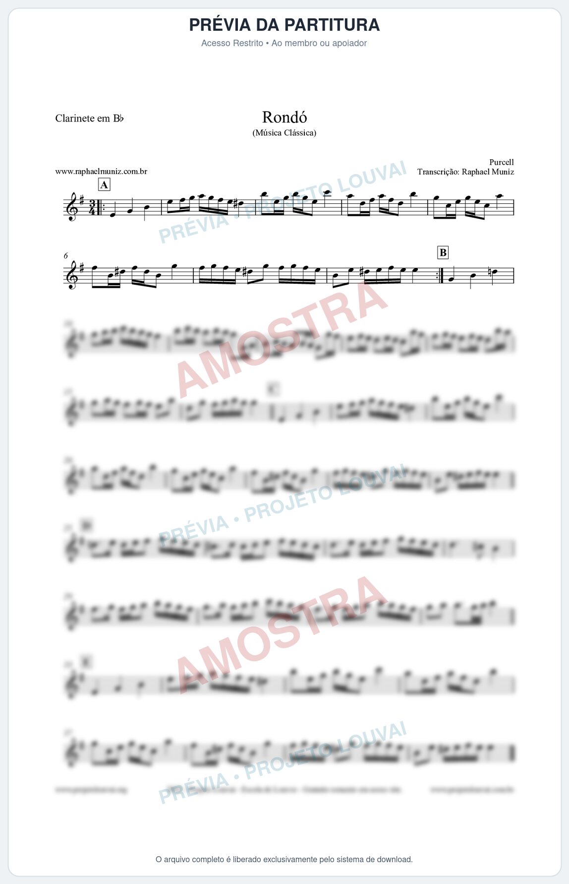 Prévia protegida da primeira página da partitura Partitura para Clarinete em Bb - Rondó em Ré menor - Purcell - Músicas Eruditas