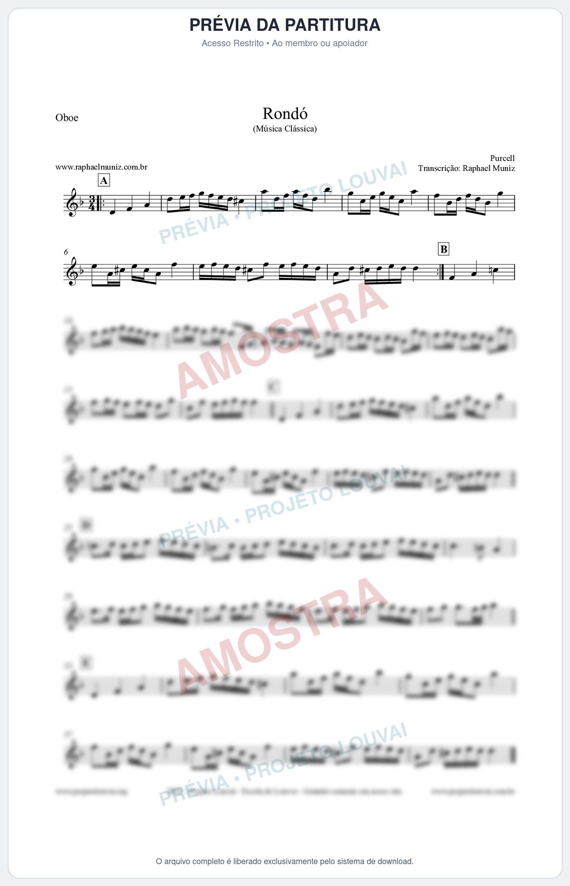 Prévia protegida da primeira página da partitura Partitura para Oboé - Rondó em Ré menor - Purcell - Músicas Eruditas