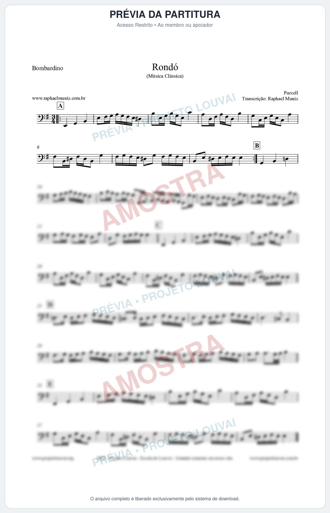 Prévia protegida da primeira página da partitura Partitura para Bombardino - Rondó em Ré menor - Purcell - Músicas Eruditas