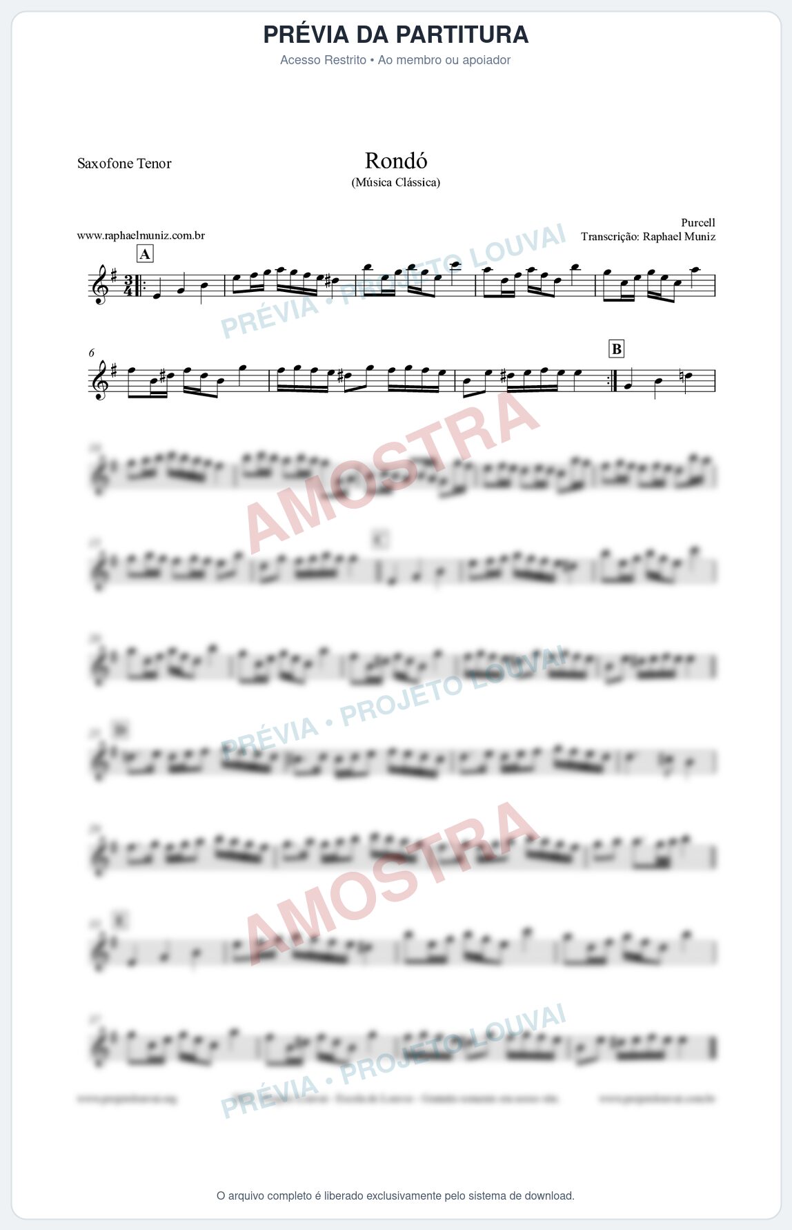 Prévia protegida da primeira página da partitura Partitura para Saxofone Tenor - Rondó em Ré menor - Purcell - Músicas Eruditas