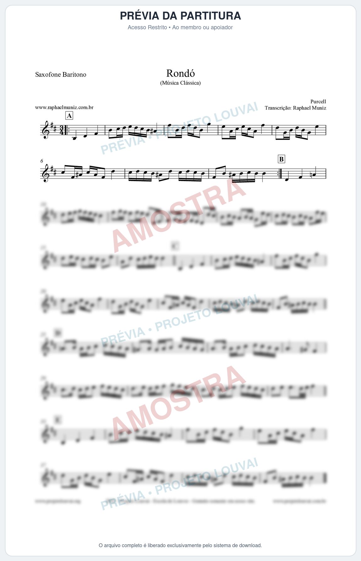 Prévia protegida da primeira página da partitura Partitura para Saxofone Barítono - Rondó em Ré menor - Purcell - Músicas Eruditas
