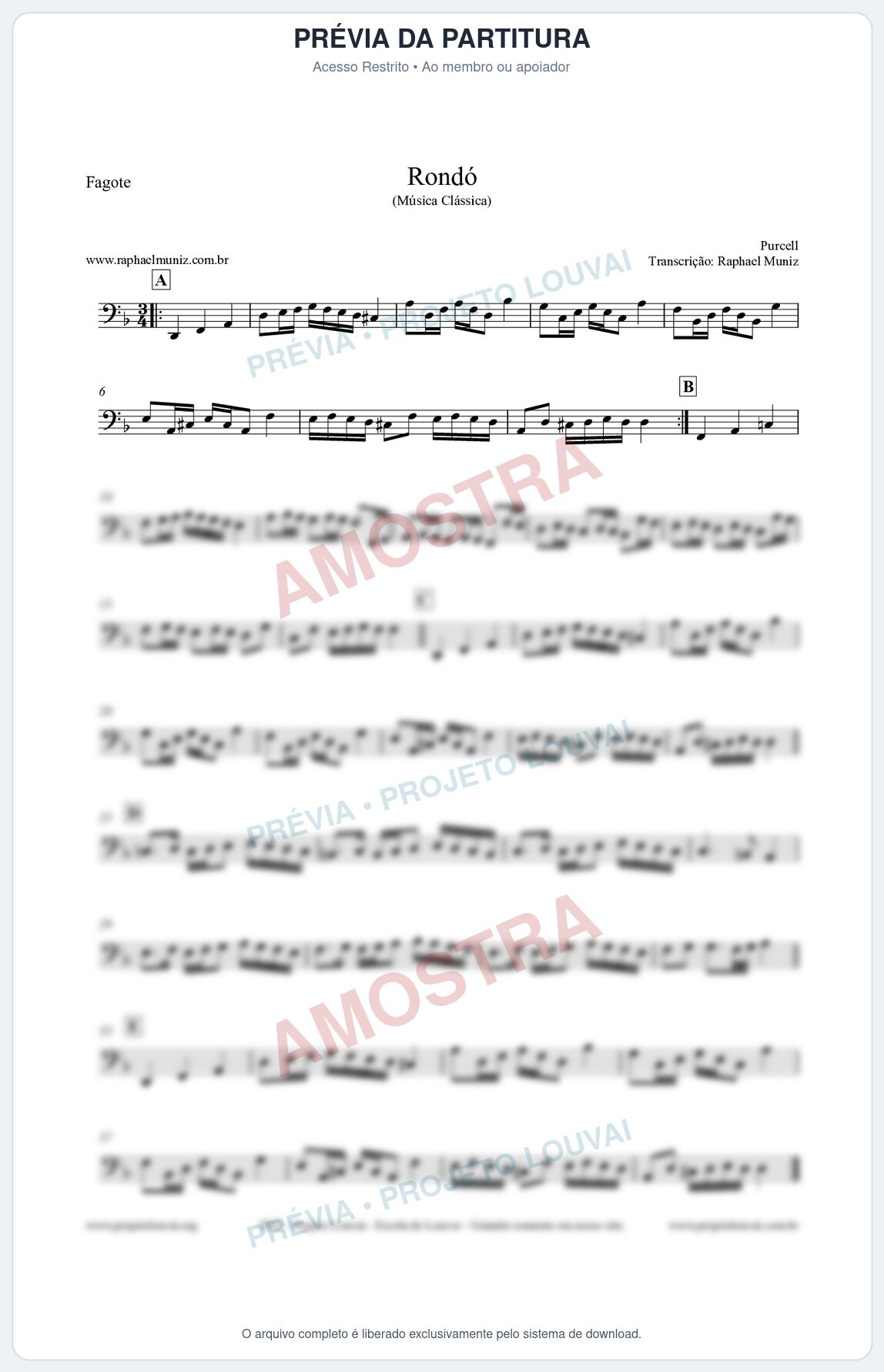 Prévia protegida da primeira página da partitura Partitura para Fagote - Rondó em Ré menor - Purcell - Músicas Eruditas
