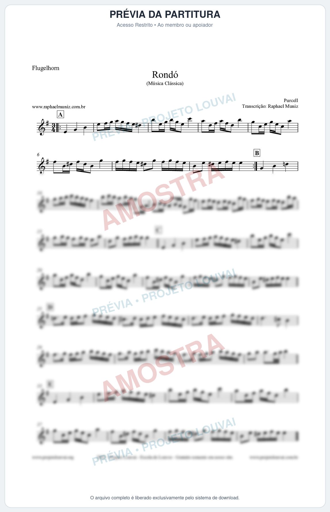 Prévia protegida da primeira página da partitura Partitura para Flugelhorn - Rondó em Ré menor - Purcell - Músicas Eruditas