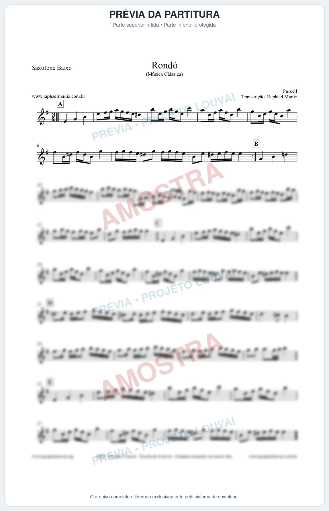 Prévia protegida da primeira página da partitura Partitura para Saxofone Baixo - Rondó em Ré menor - Purcell - Músicas Eruditas