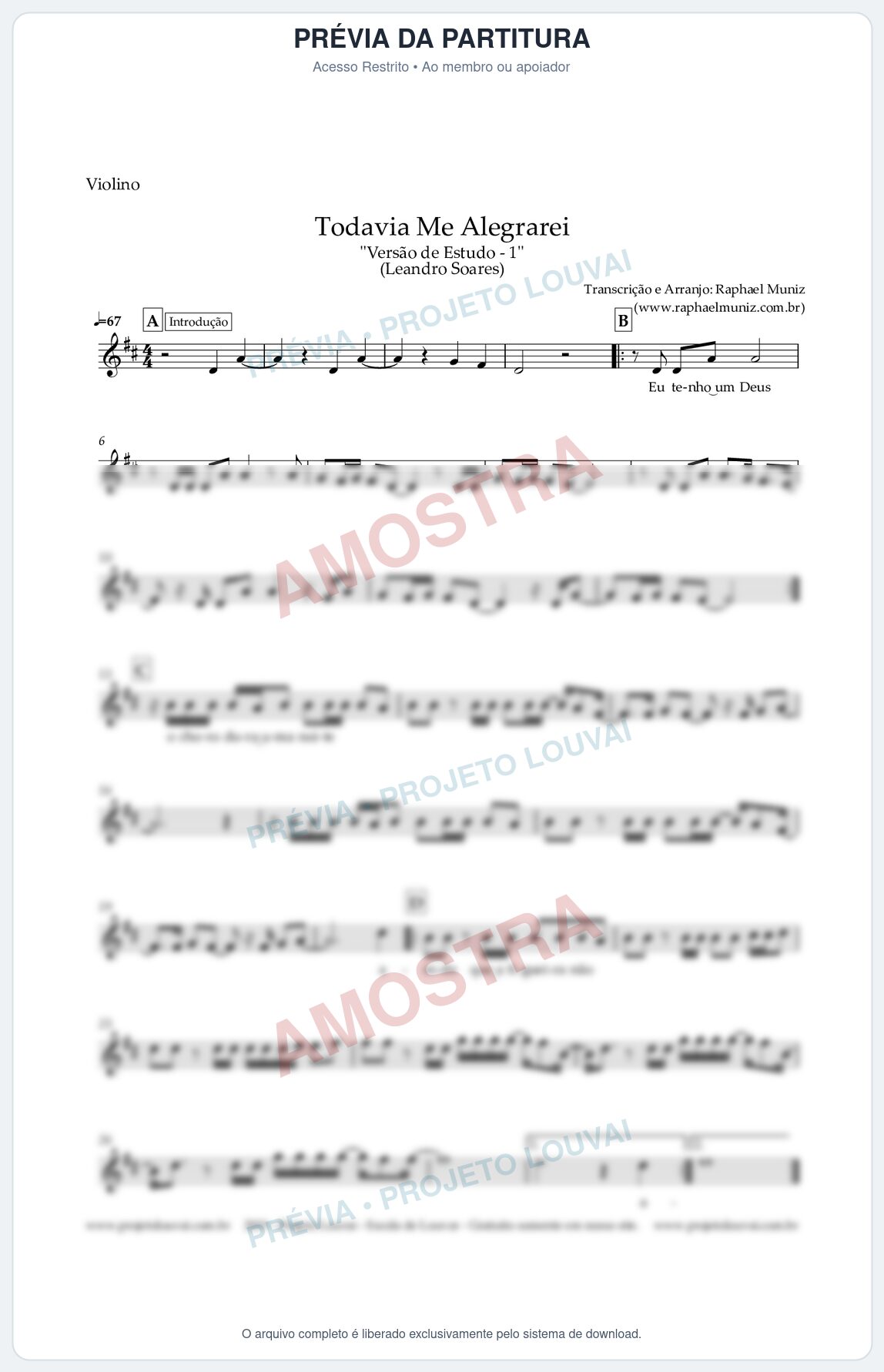 Prévia protegida da primeira página da partitura Partitura para Violino - Todavia Me Alegrarei (Versão de Estudo) - Leandro Soares