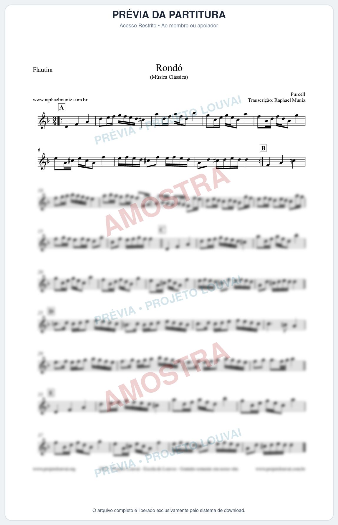 Prévia protegida da primeira página da partitura Partitura para Flautim - Rondó em Ré menor - Purcell - Músicas Eruditas