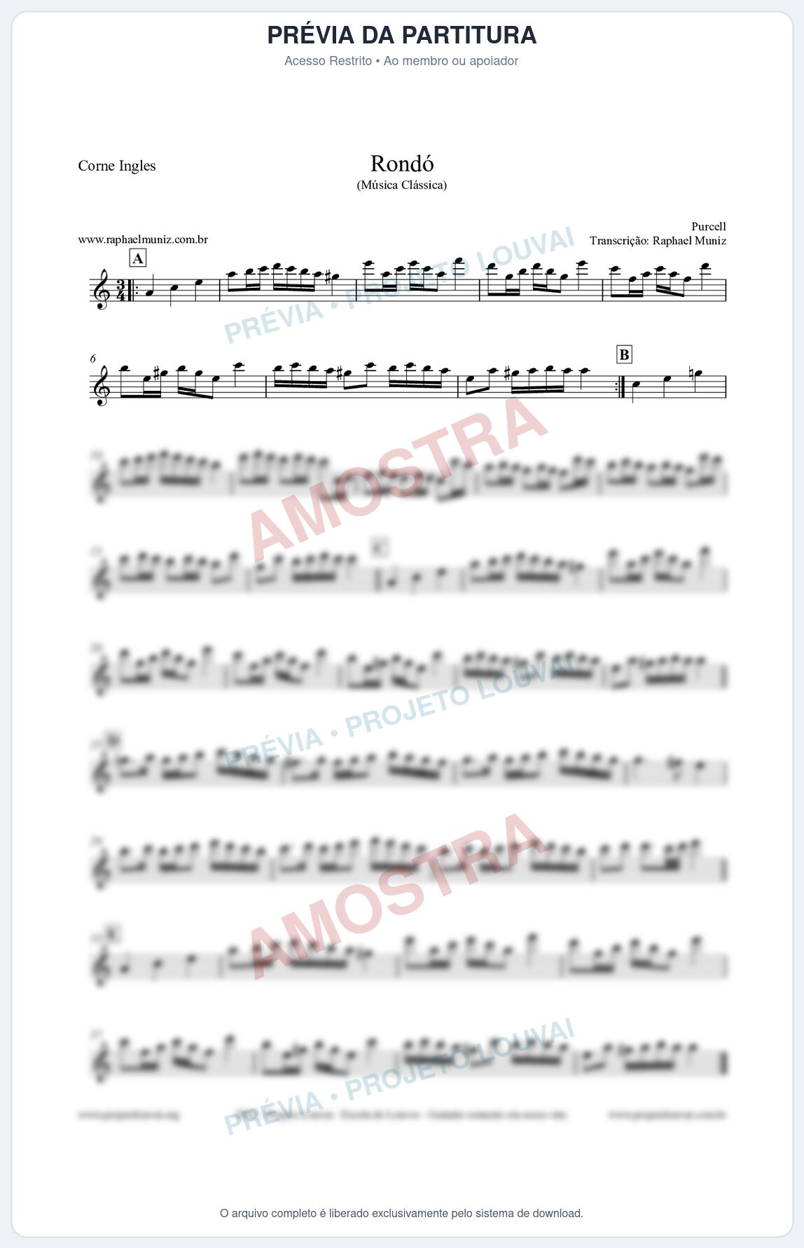 Prévia protegida da primeira página da partitura Partitura para Corne Inglês - Rondó em Ré menor - Purcell - Músicas Eruditas