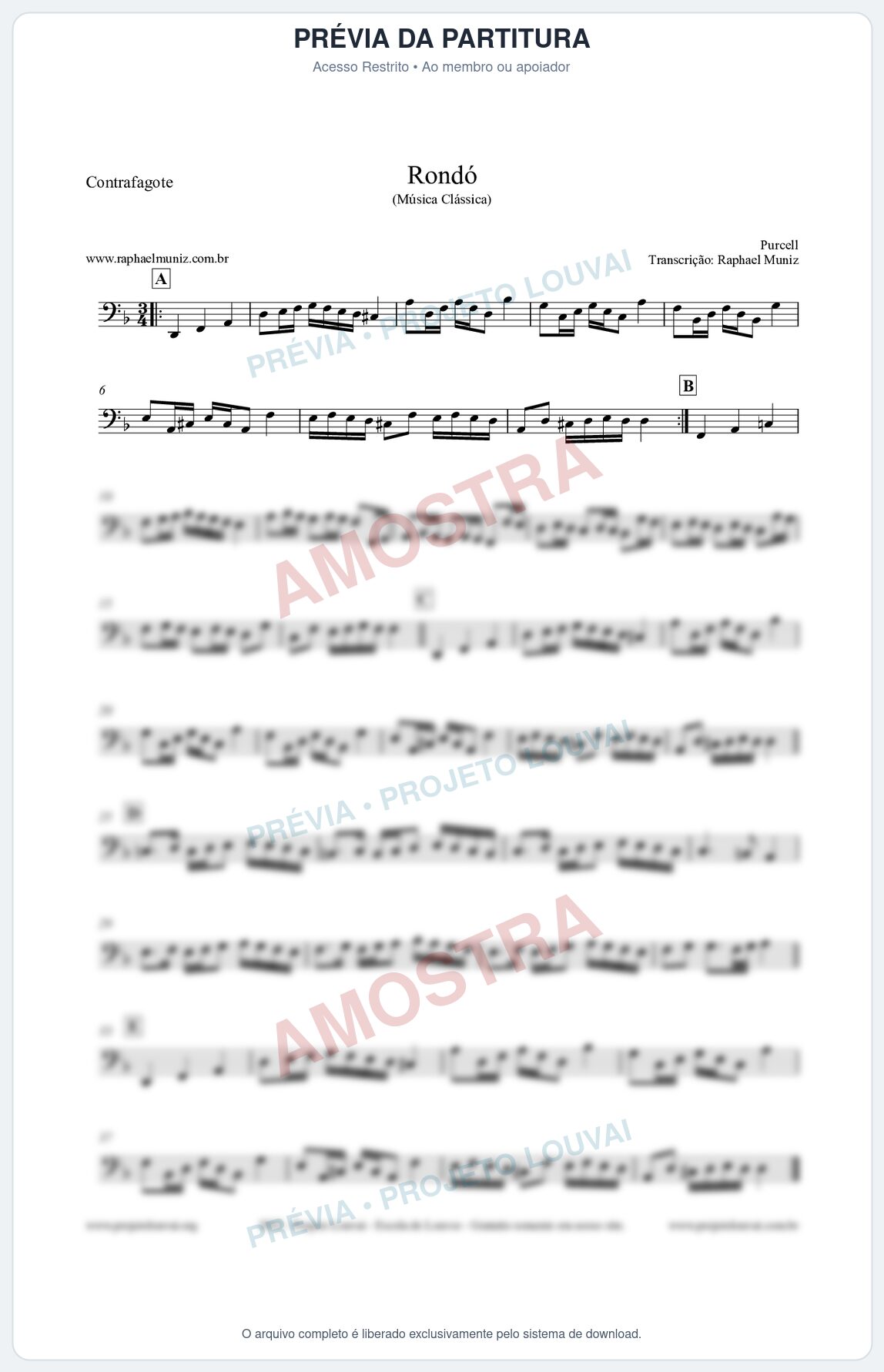 Prévia protegida da primeira página da partitura Partitura para Contrafagote - Rondó em Ré menor - Purcell - Músicas Eruditas