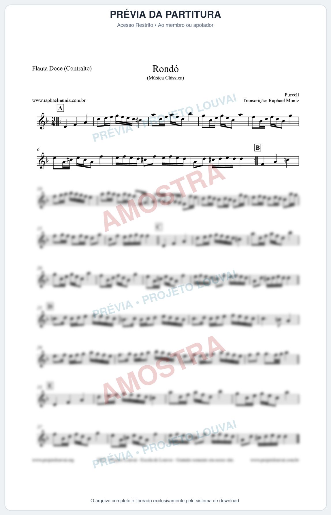 Prévia protegida da primeira página da partitura Partitura para Flauta Doce (Contralto) - Rondó em Ré menor - Purcell - Músicas Eruditas