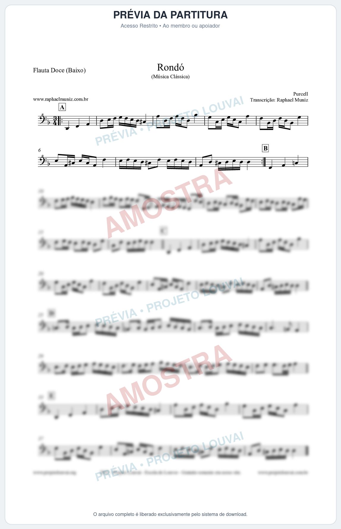 Prévia protegida da primeira página da partitura Partitura para Flauta Doce (Baixo) - Rondó em Ré menor - Purcell - Músicas Eruditas
